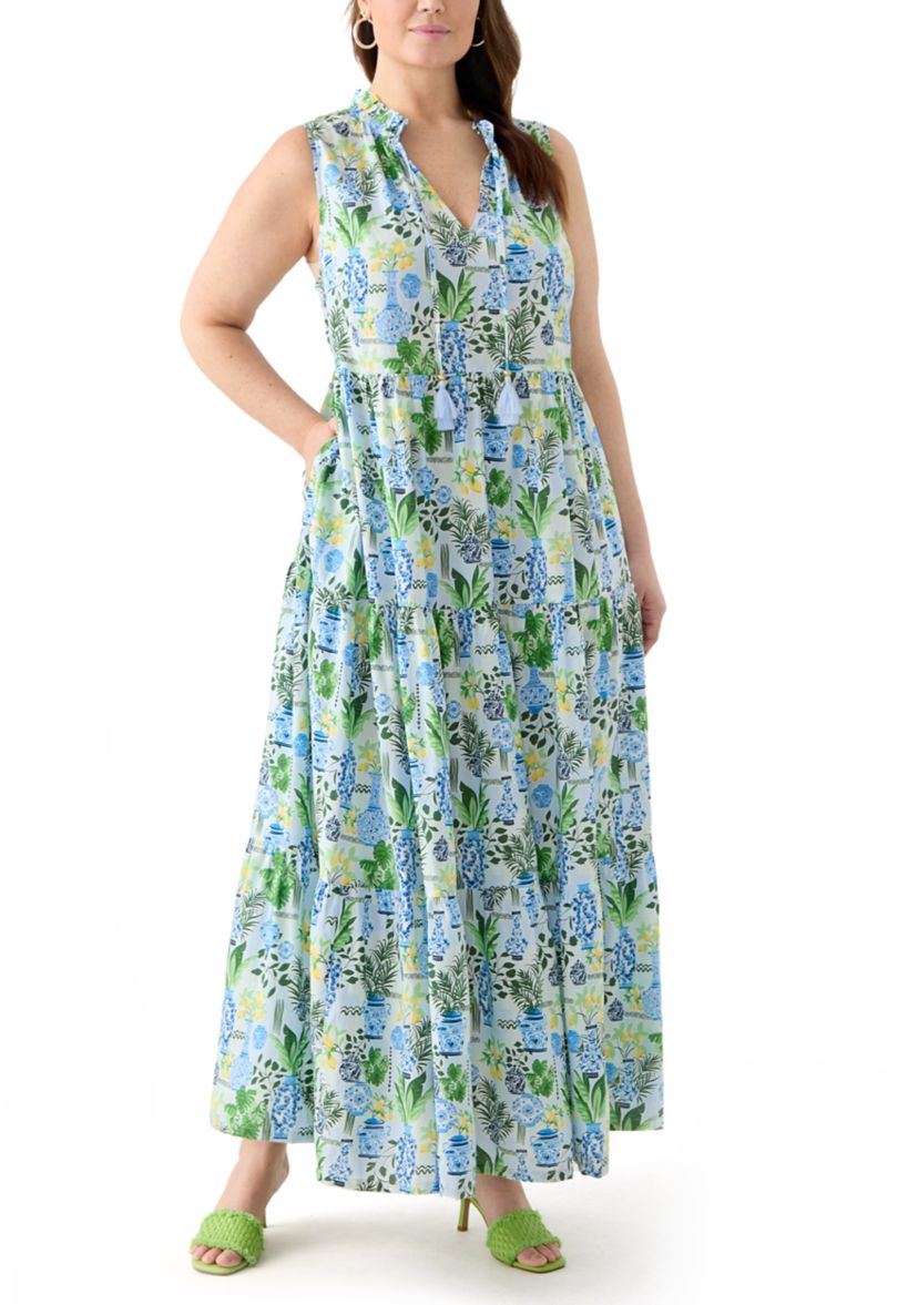 Plus Size Sleeveless Ruffle Neck Printed Midi Dress