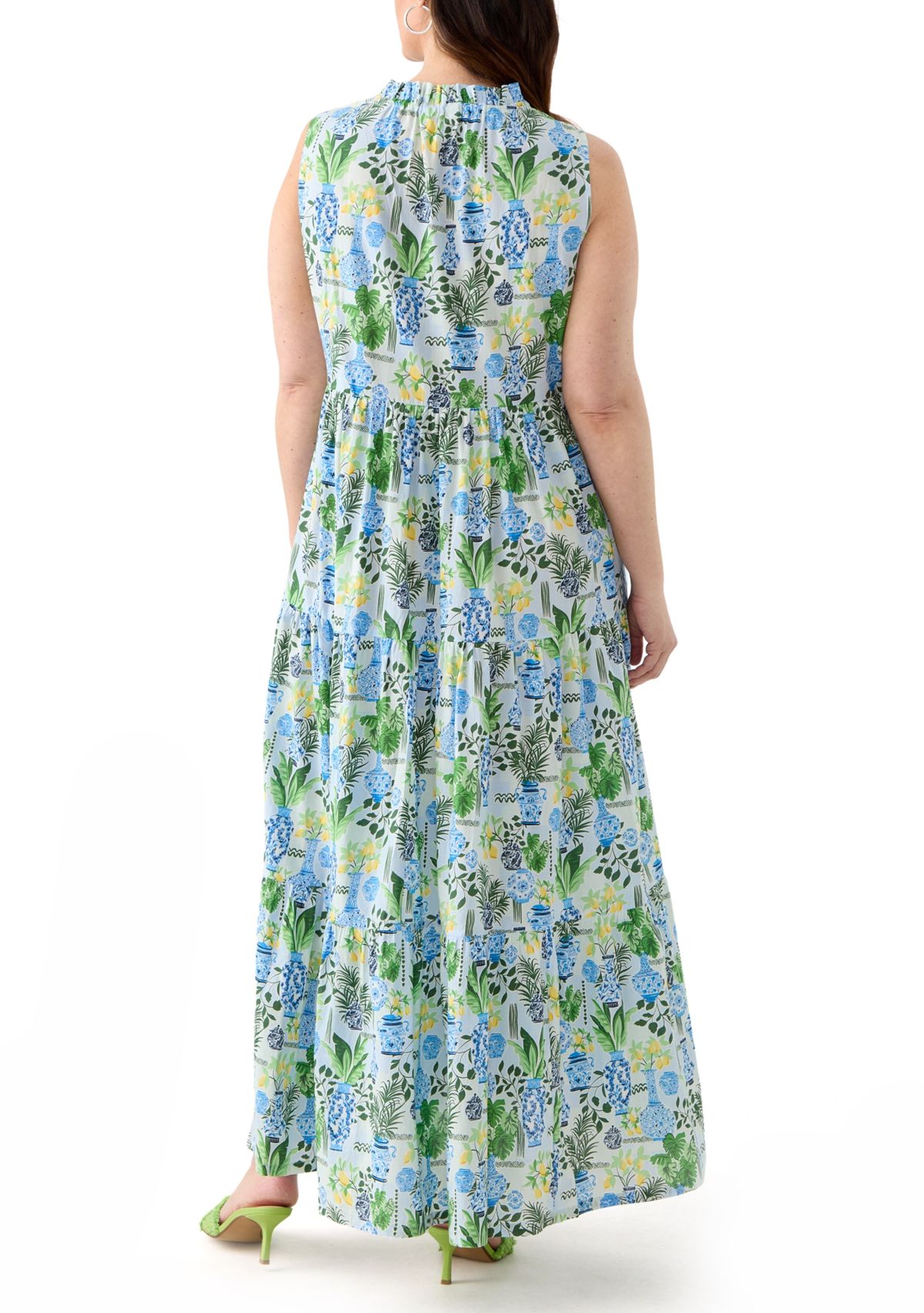 Plus Size Sleeveless Ruffle Neck Printed Midi Dress