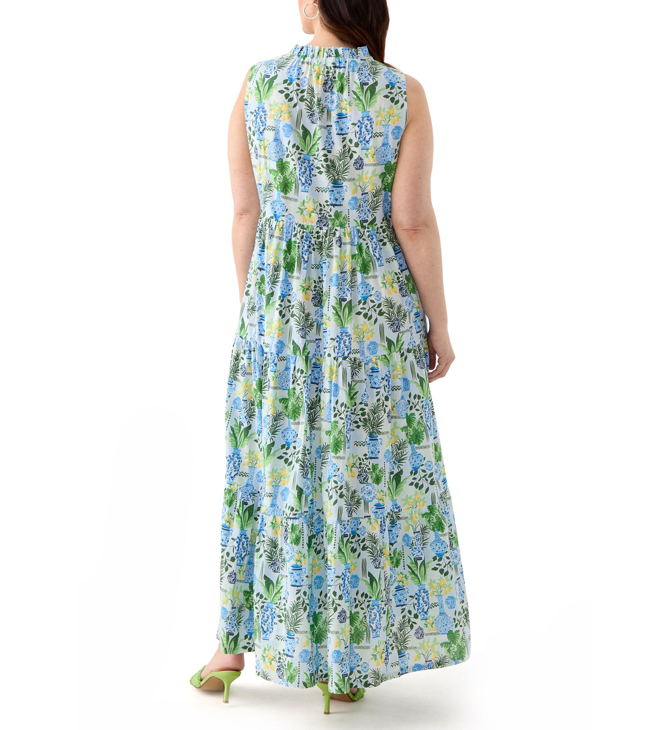Plus Size Sleeveless Ruffle Neck Printed Midi Dress