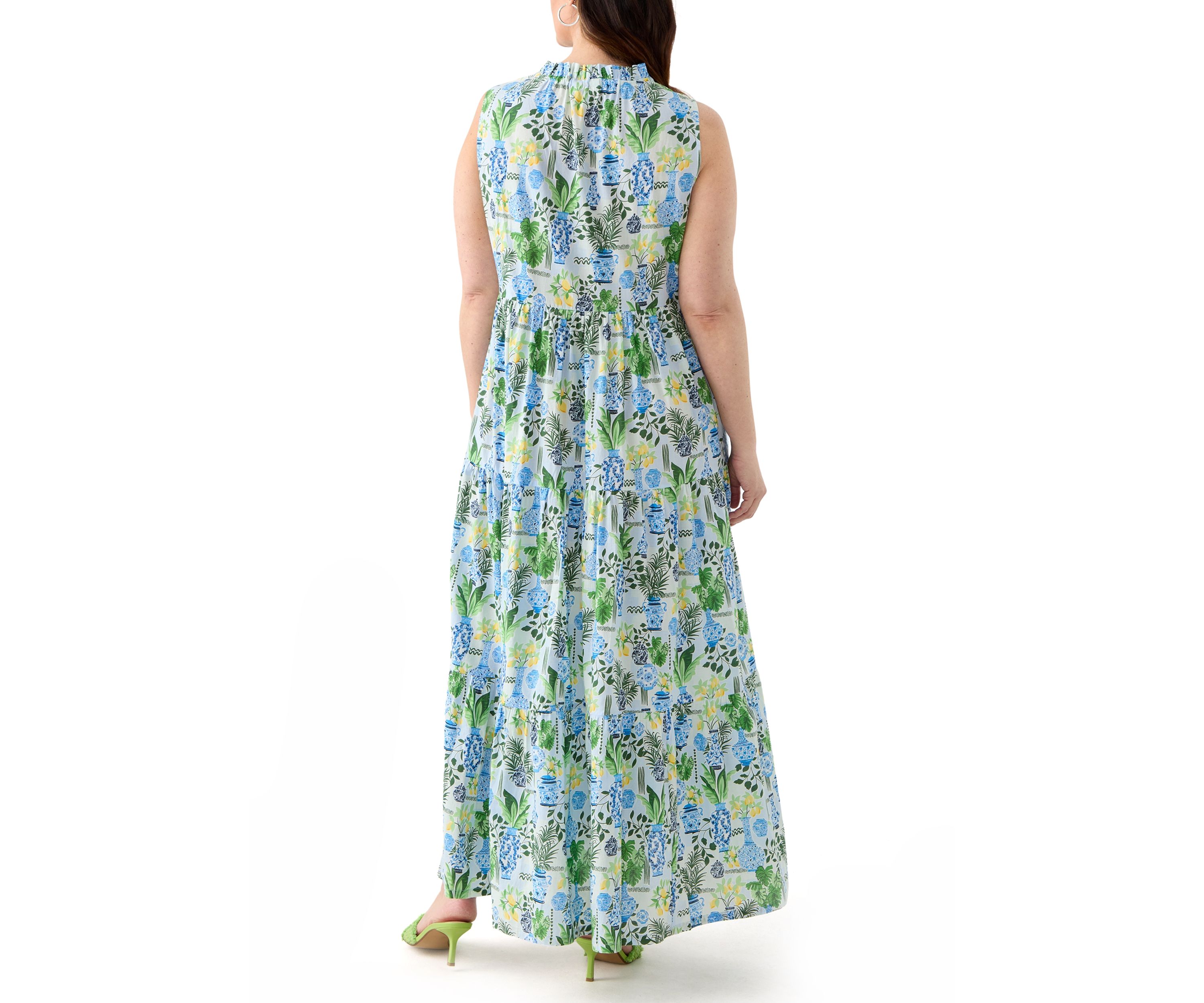 Plus Size Sleeveless Ruffle Neck Printed Midi Dress