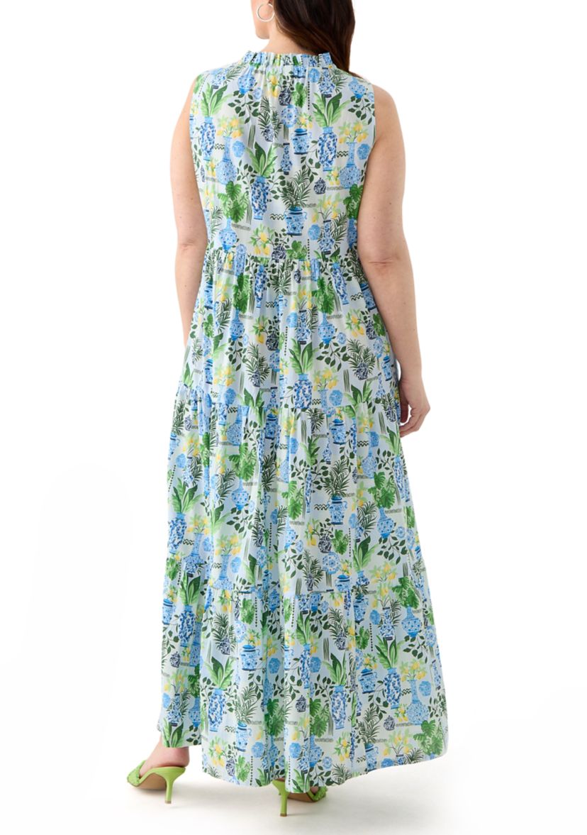 Plus Size Sleeveless Ruffle Neck Printed Midi Dress