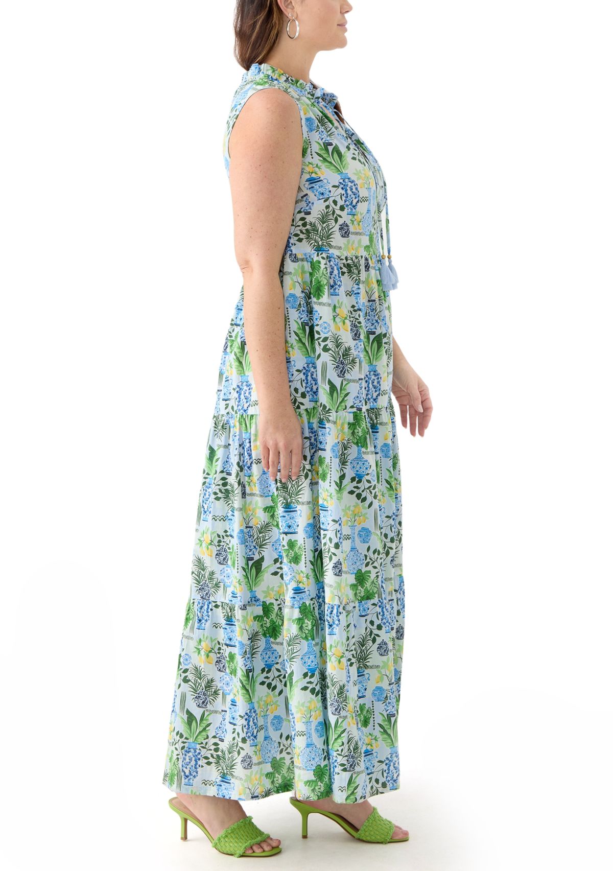 Plus Size Sleeveless Ruffle Neck Printed Midi Dress
