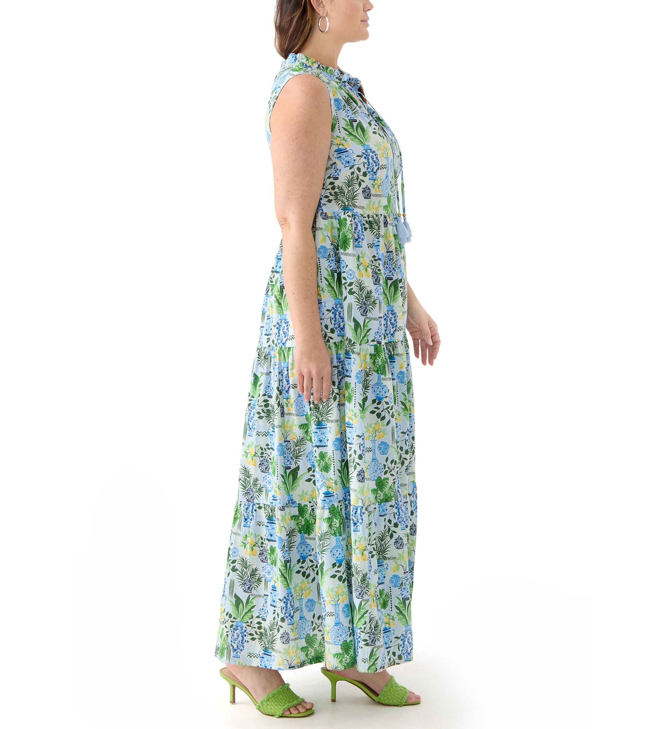 Plus Size Sleeveless Ruffle Neck Printed Midi Dress