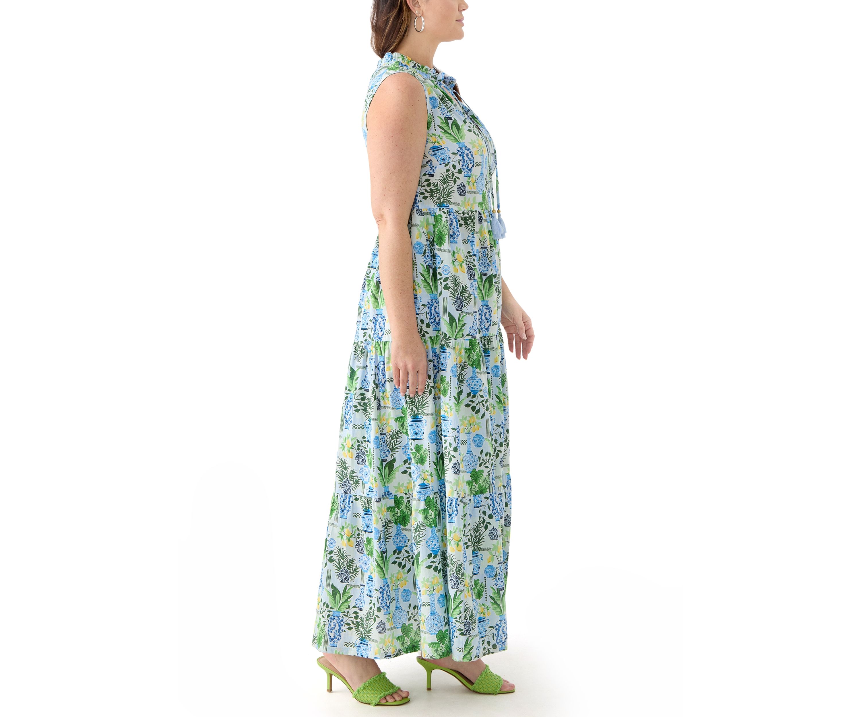 Plus Size Sleeveless Ruffle Neck Printed Midi Dress