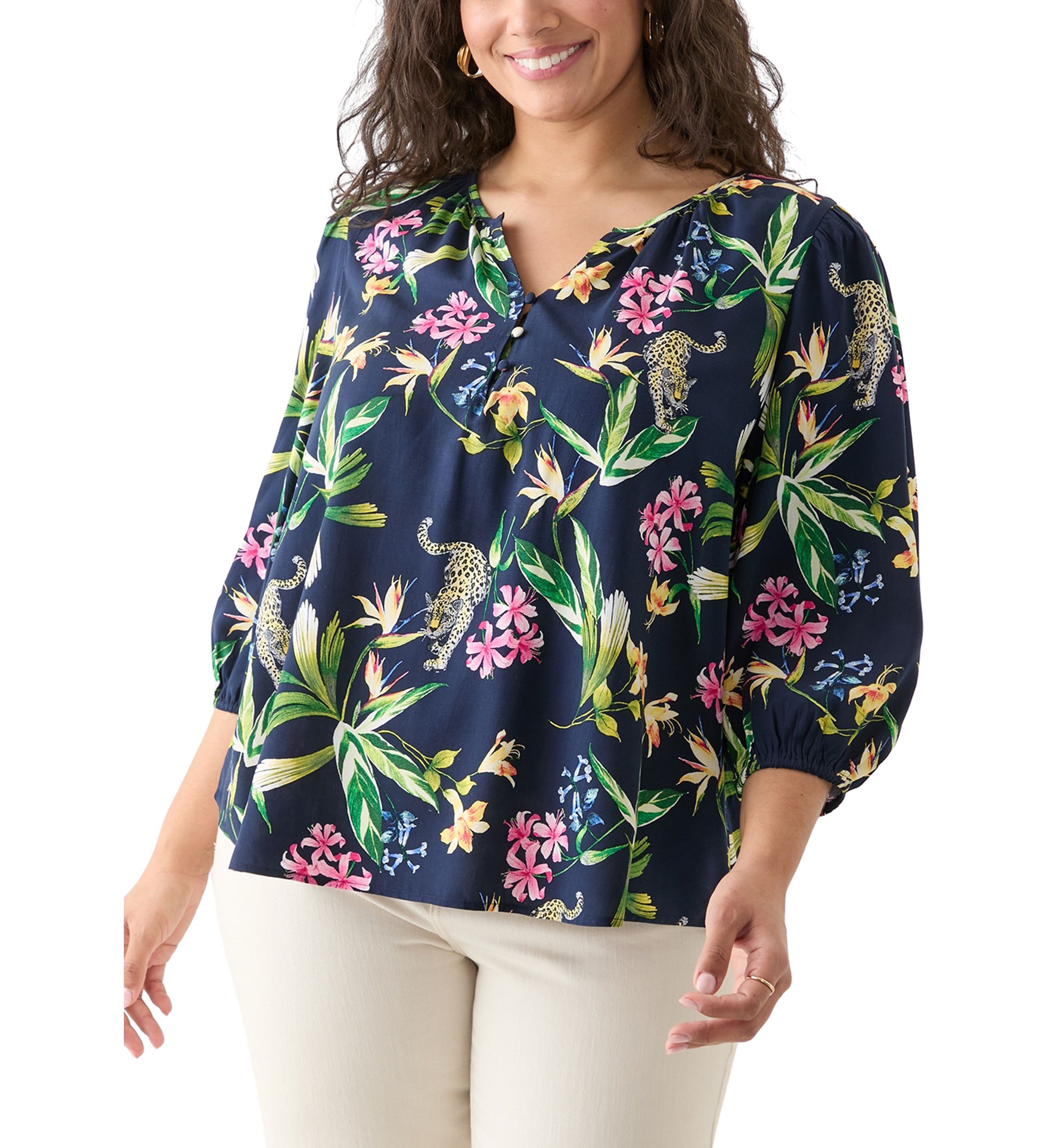 Plus Size 3/4 Sleeve Button Front Printed  Peasant Top