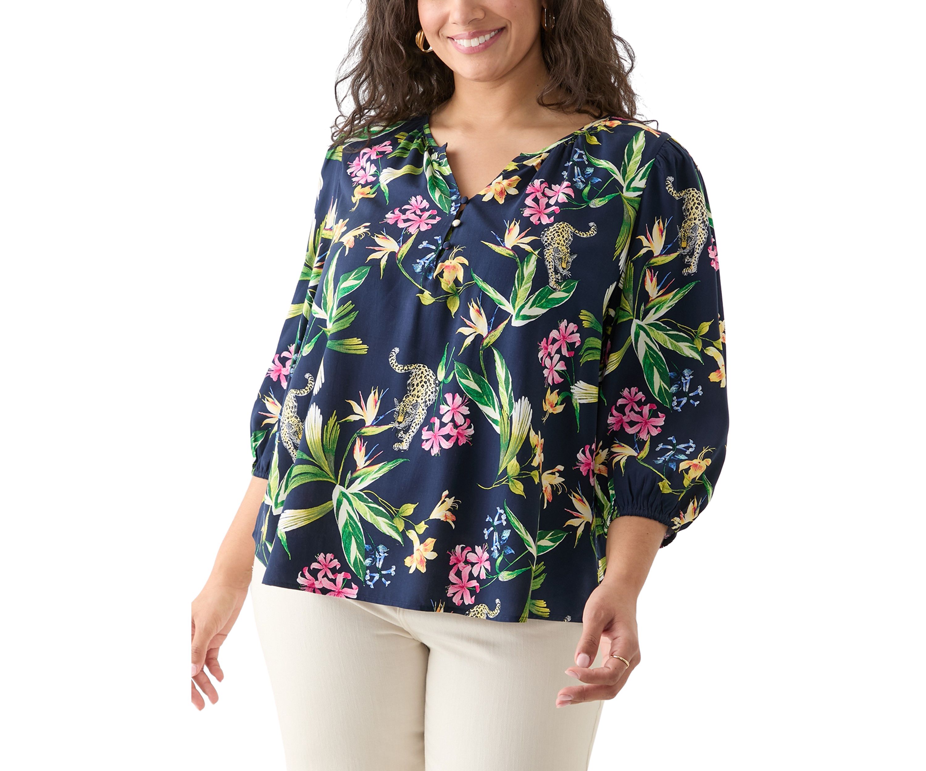 Plus Size 3/4 Sleeve Button Front Printed  Peasant Top