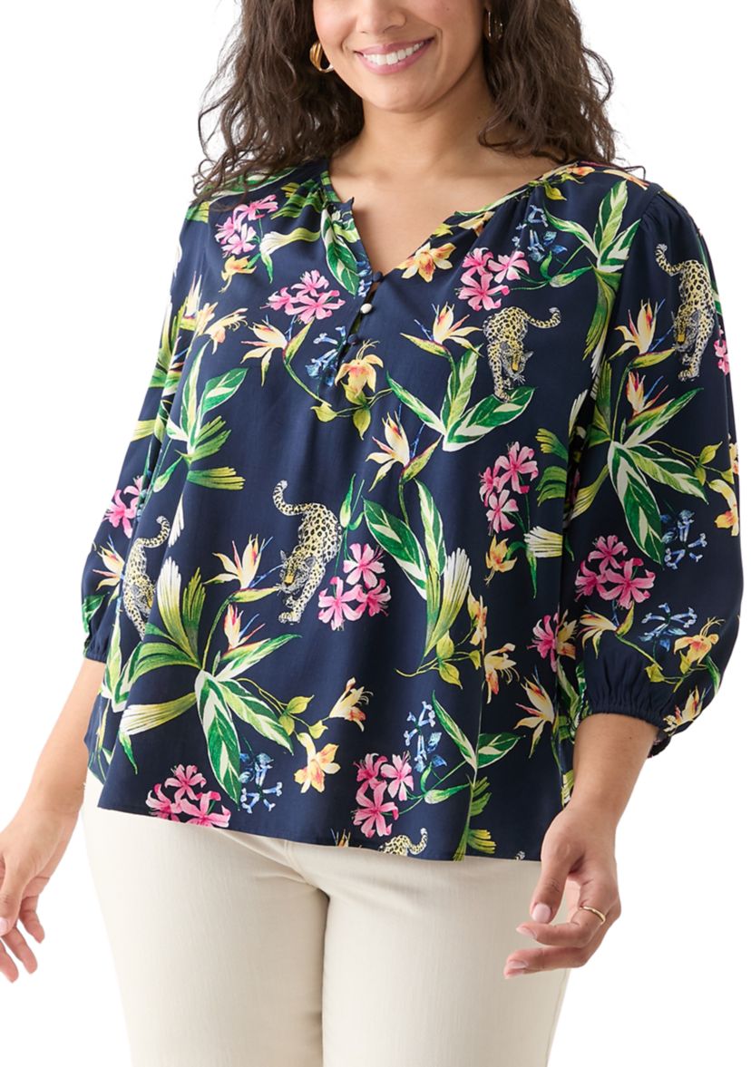 Plus Size 3/4 Sleeve Button Front Printed  Peasant Top