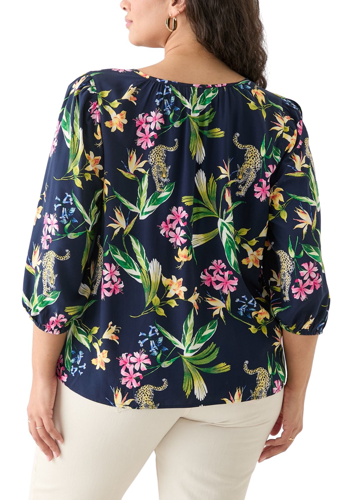 Plus Size 3/4 Sleeve Button Front Printed  Peasant Top