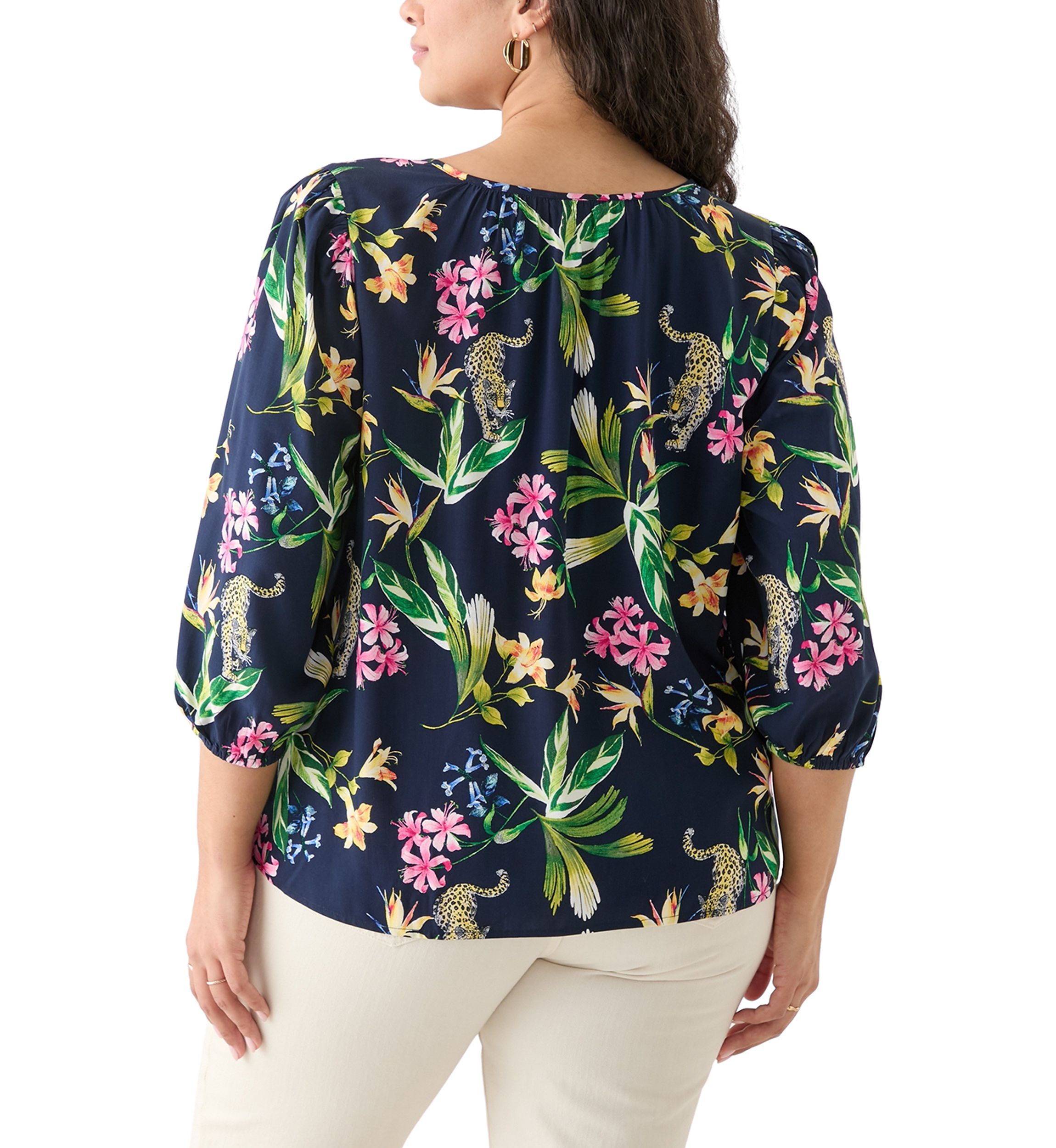 Plus Size 3/4 Sleeve Button Front Printed  Peasant Top