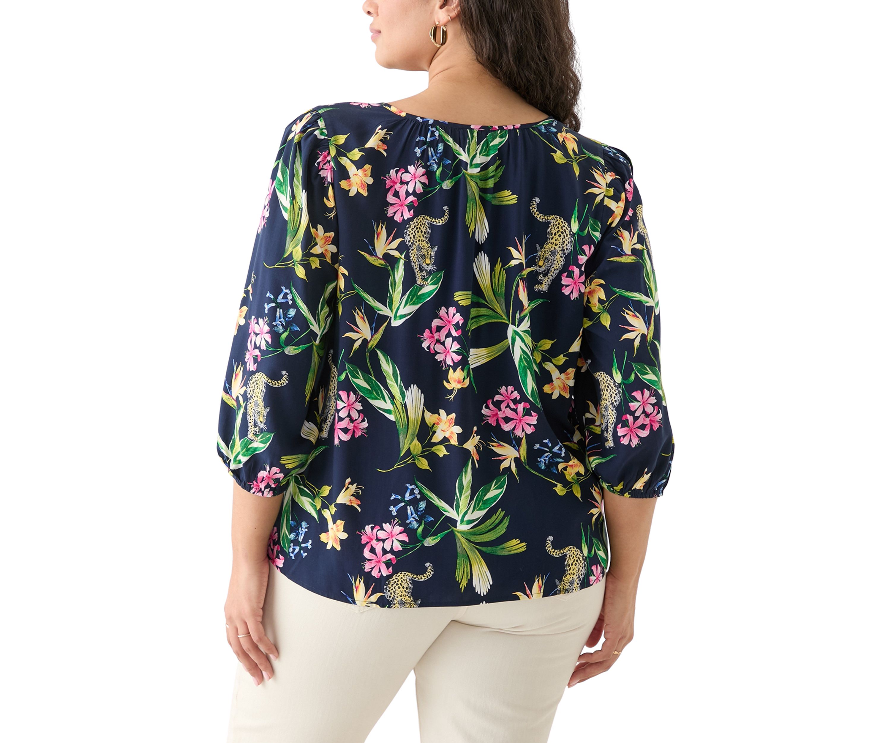 Plus Size 3/4 Sleeve Button Front Printed  Peasant Top
