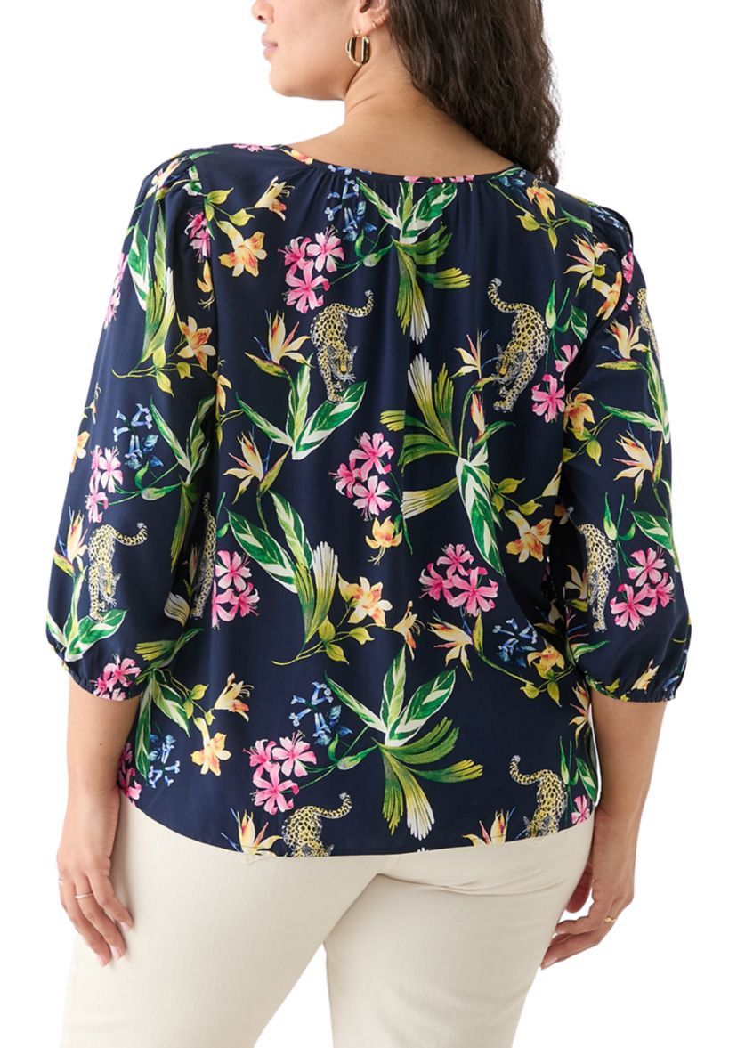 Plus Size 3/4 Sleeve Button Front Printed  Peasant Top
