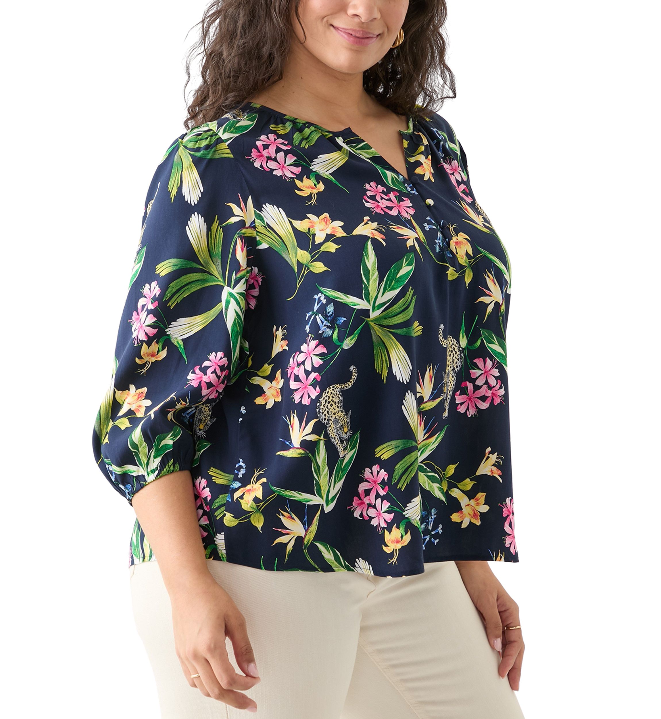 Plus Size 3/4 Sleeve Button Front Printed  Peasant Top