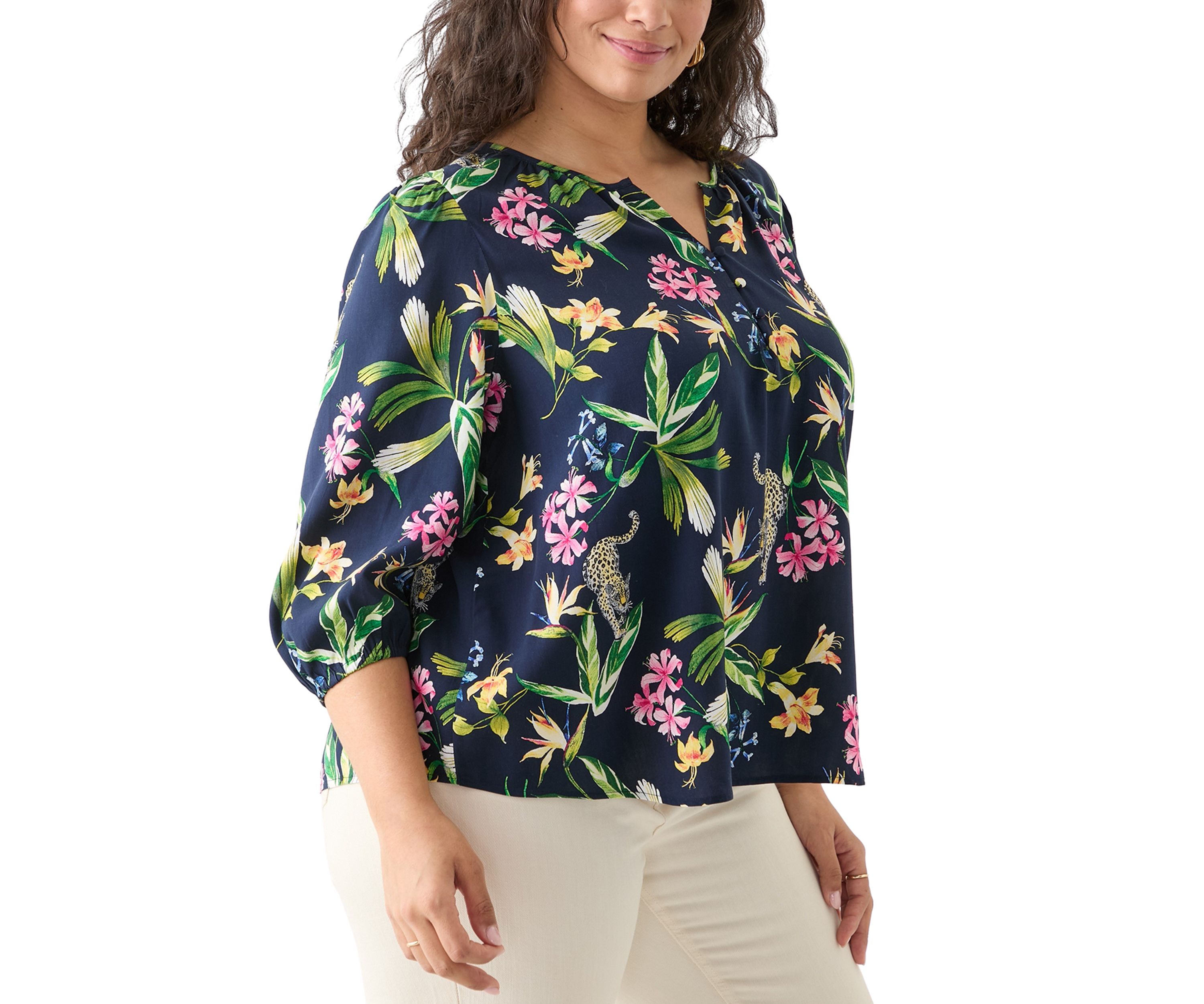 Plus Size 3/4 Sleeve Button Front Printed  Peasant Top