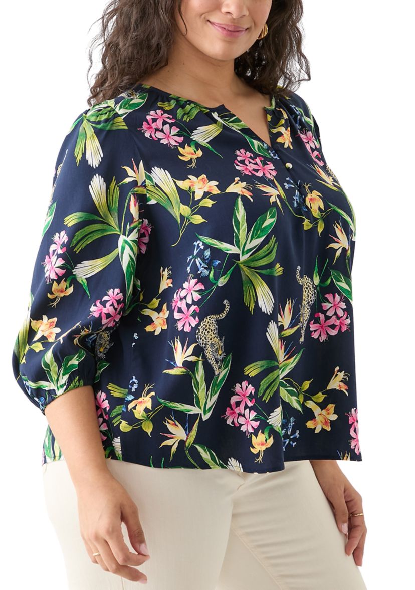 Plus Size 3/4 Sleeve Button Front Printed  Peasant Top