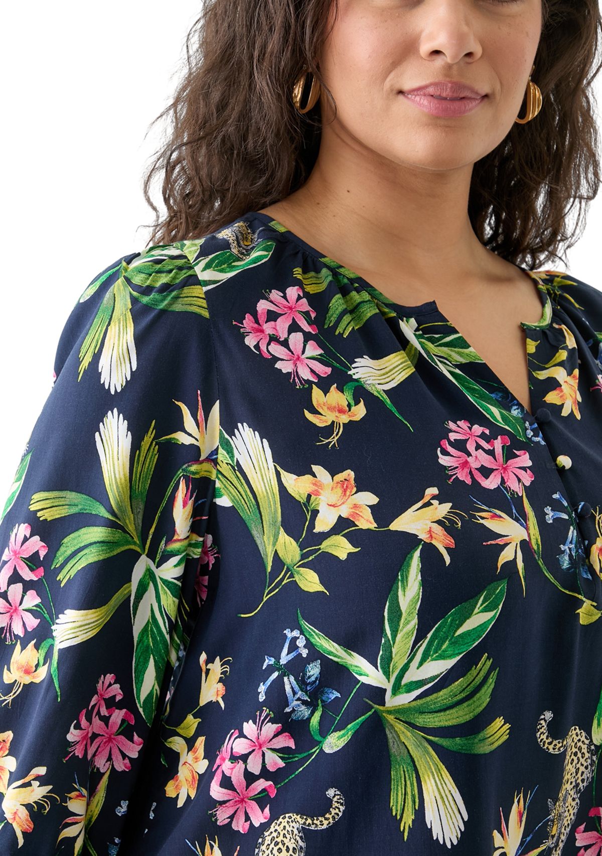 Plus Size 3/4 Sleeve Button Front Printed  Peasant Top