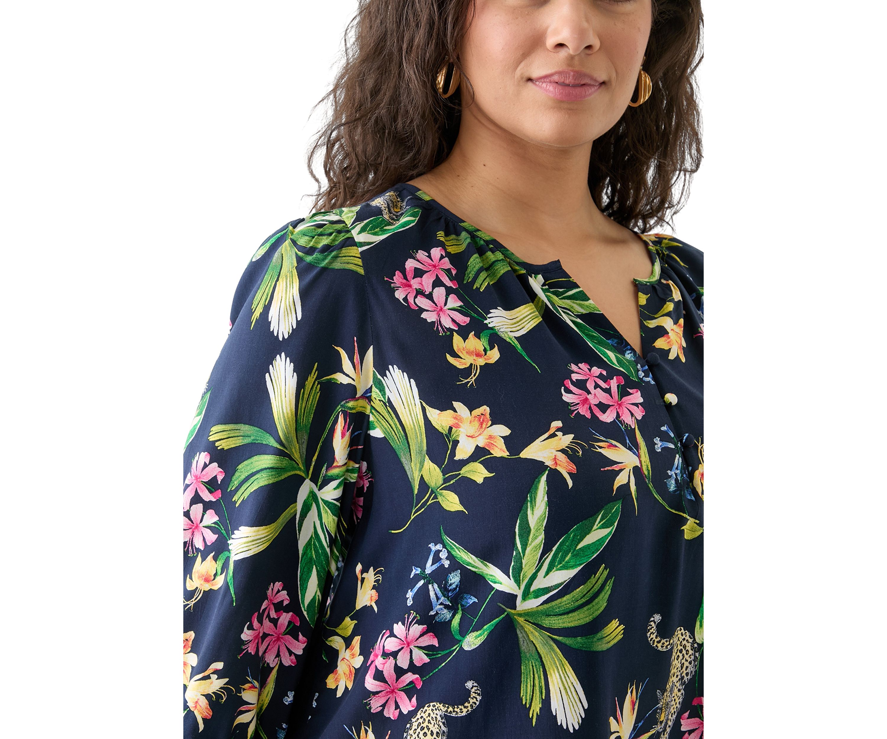Plus Size 3/4 Sleeve Button Front Printed  Peasant Top