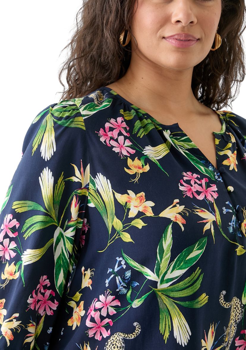 Plus Size 3/4 Sleeve Button Front Printed  Peasant Top