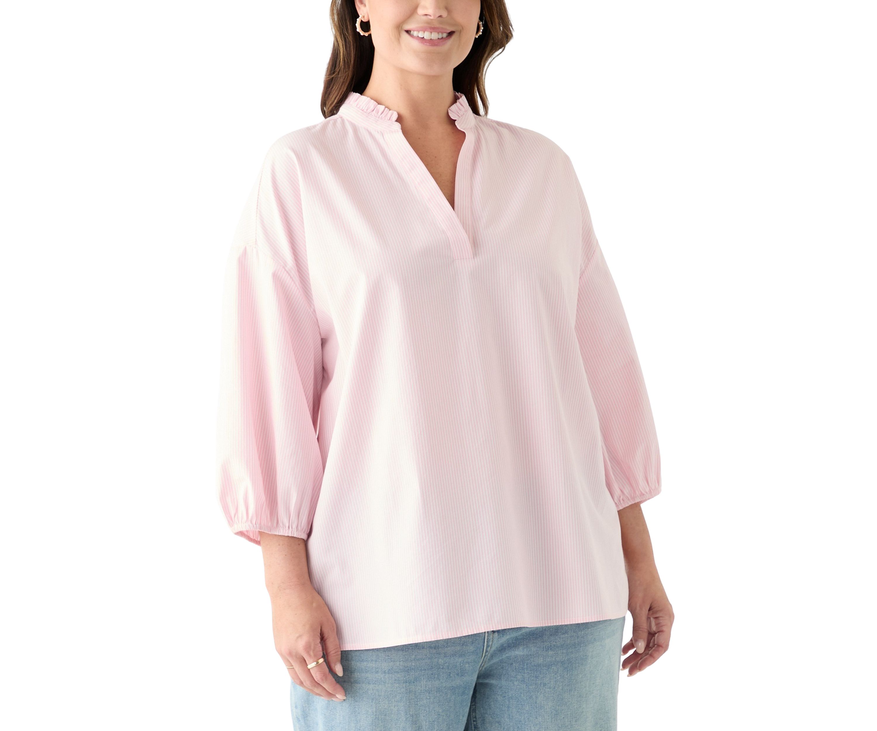 Plus Size 3/4 Sleeve Ruffle Neck Yarn Dyed Tunic Blouse