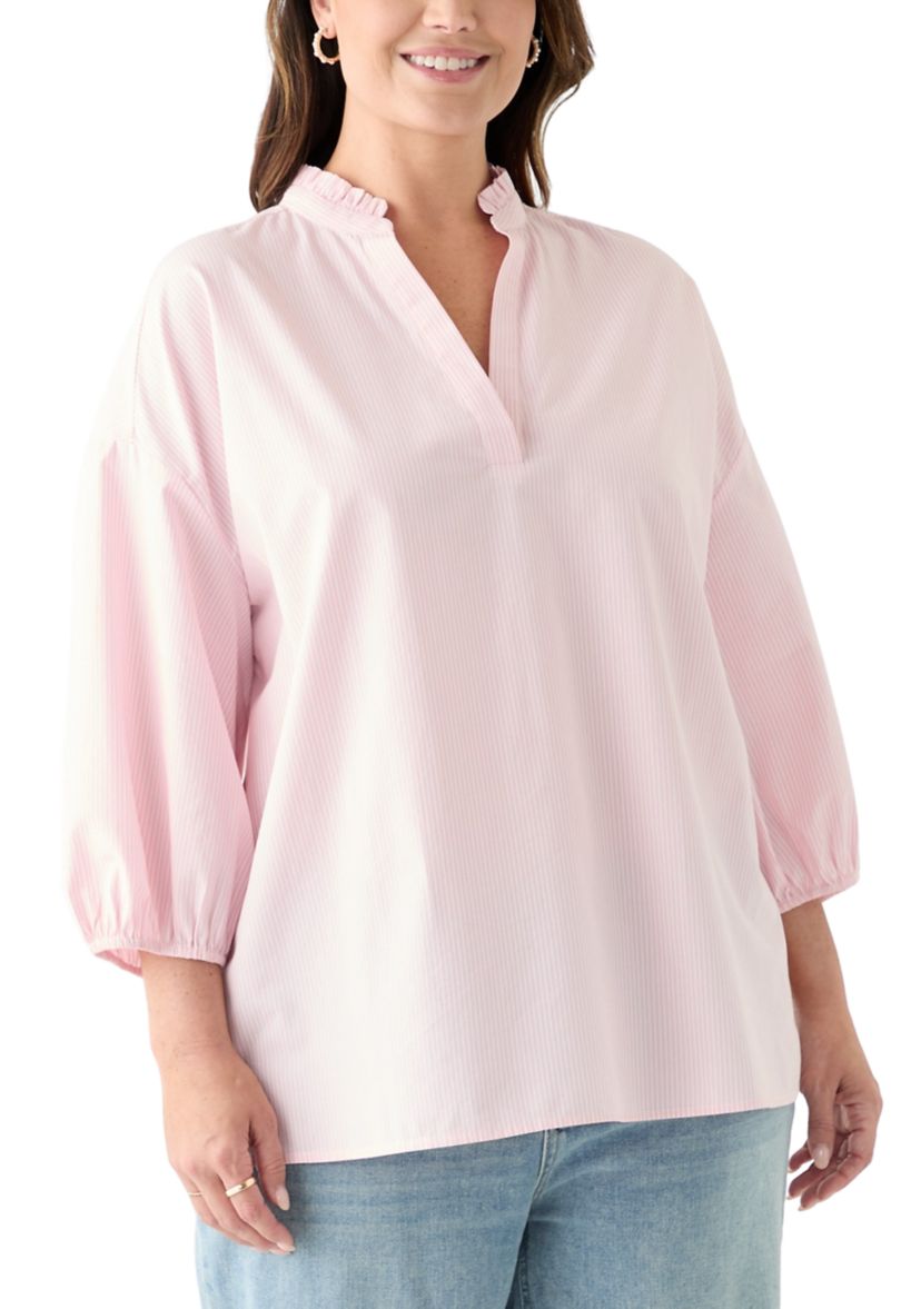 Plus Size 3/4 Sleeve Ruffle Neck Yarn Dyed Tunic Blouse