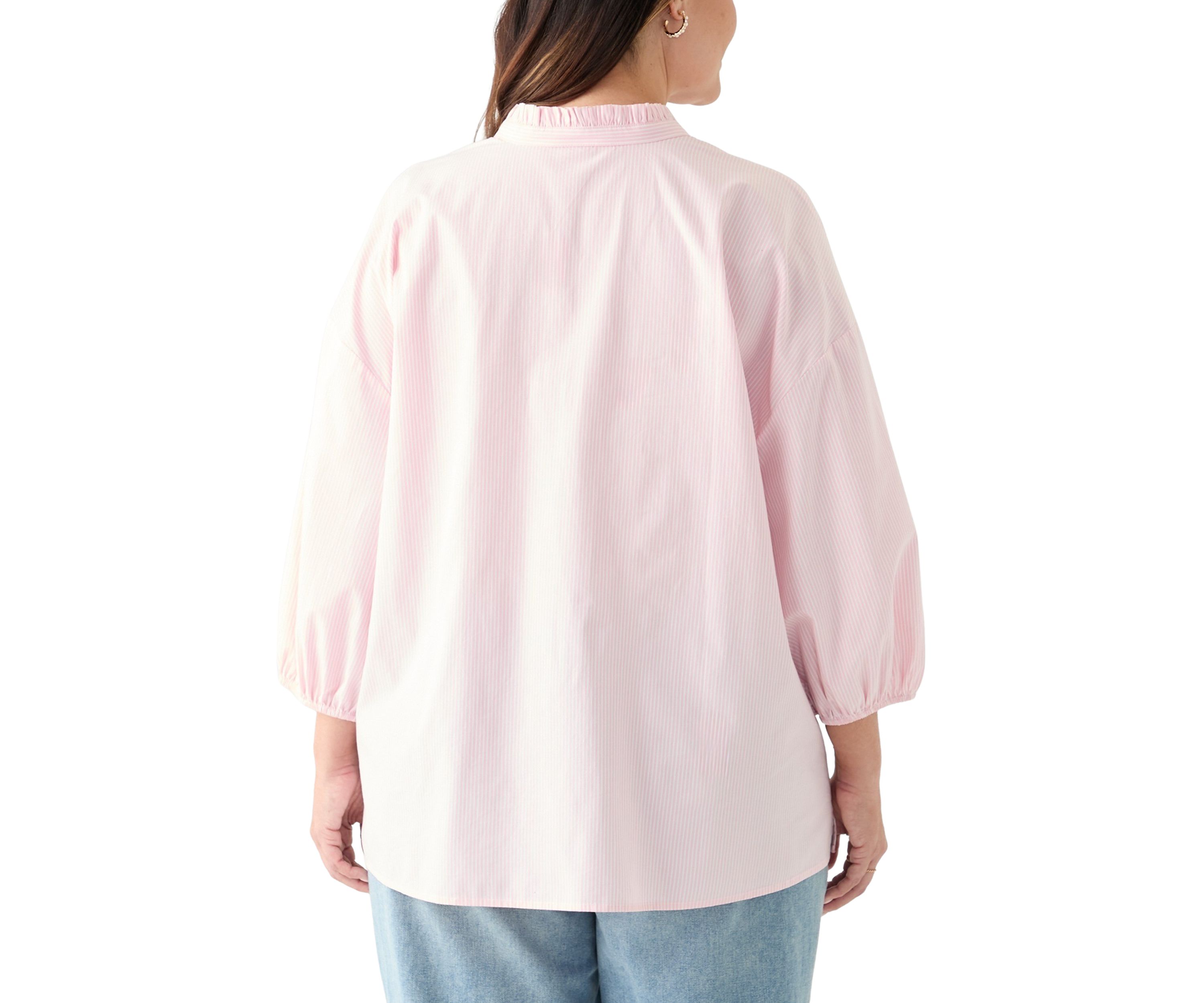 Plus Size 3/4 Sleeve Ruffle Neck Yarn Dyed Tunic Blouse