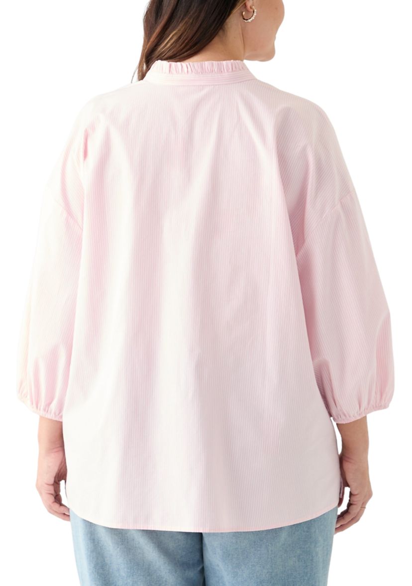 Plus Size 3/4 Sleeve Ruffle Neck Yarn Dyed Tunic Blouse