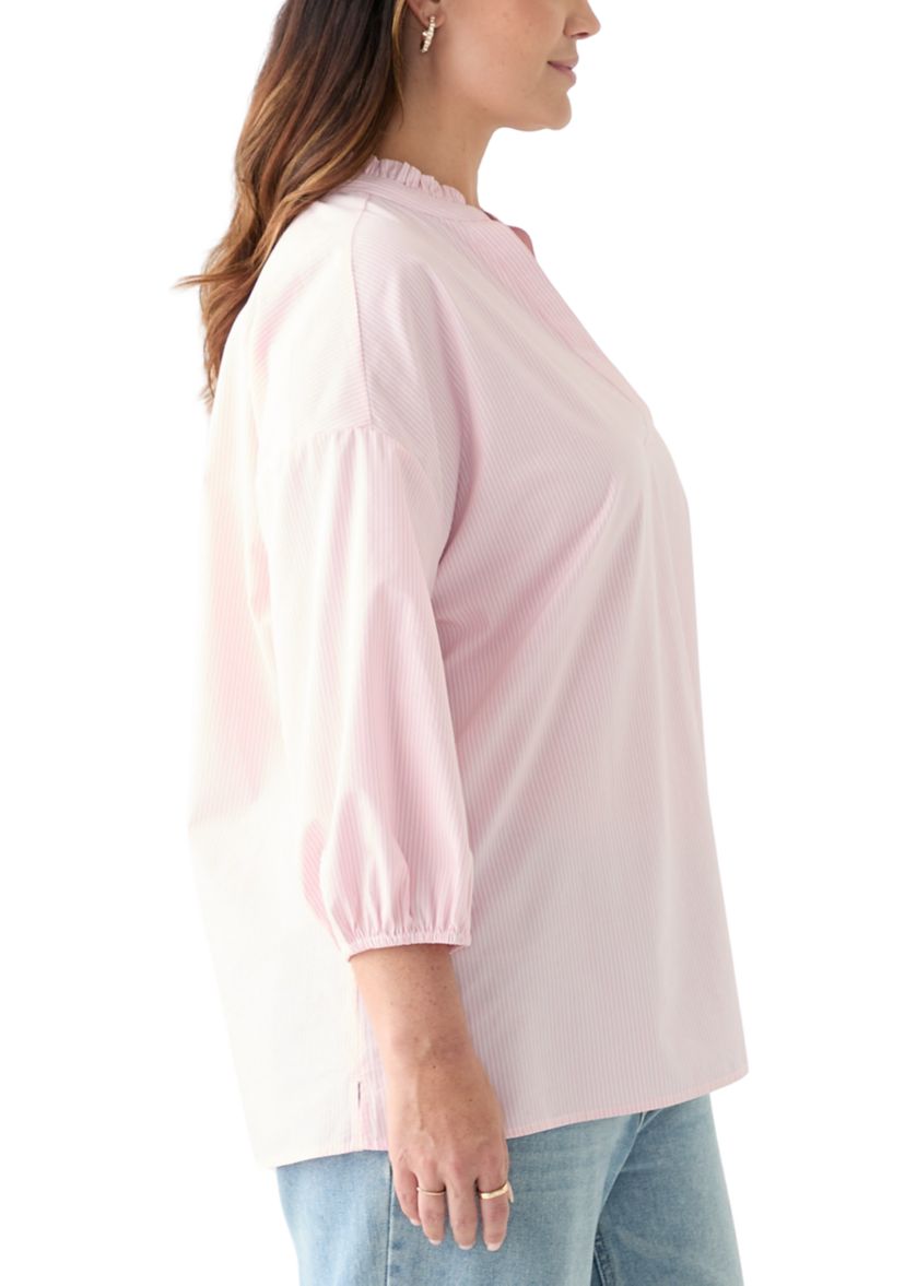 Plus Size 3/4 Sleeve Ruffle Neck Yarn Dyed Tunic Blouse