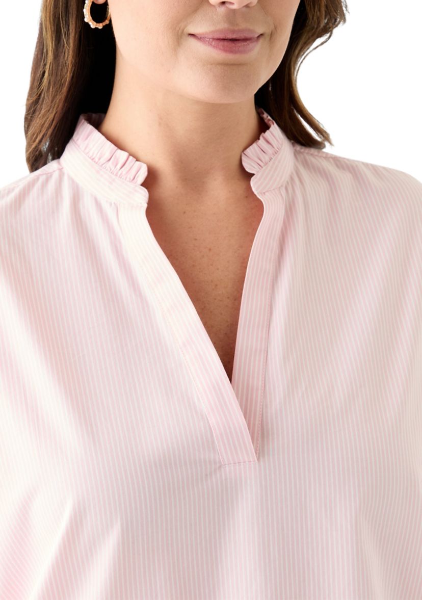Plus Size 3/4 Sleeve Ruffle Neck Yarn Dyed Tunic Blouse