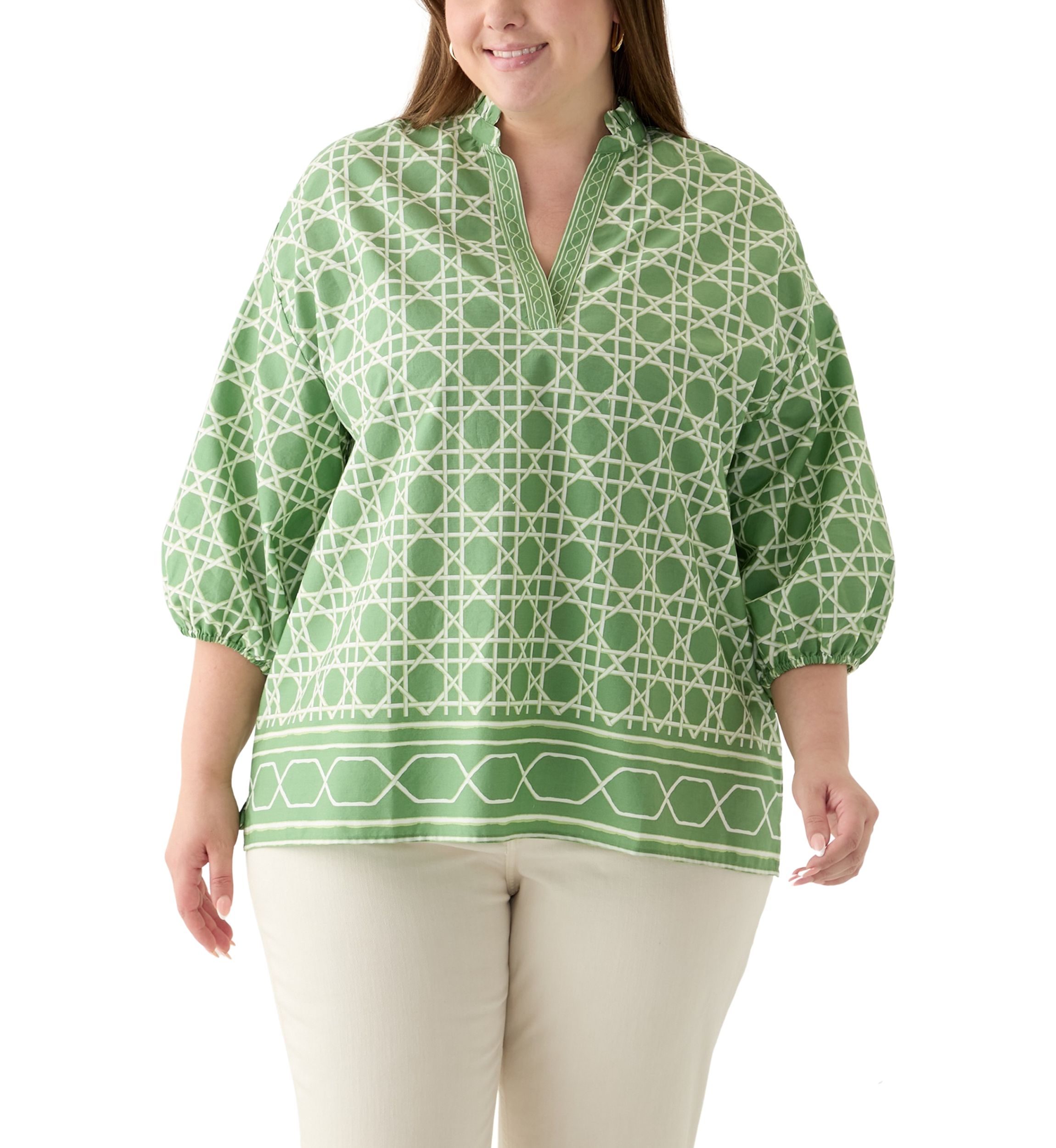 Plus Size 3/4 Sleeve Split Neck Printed Tunic Blouse