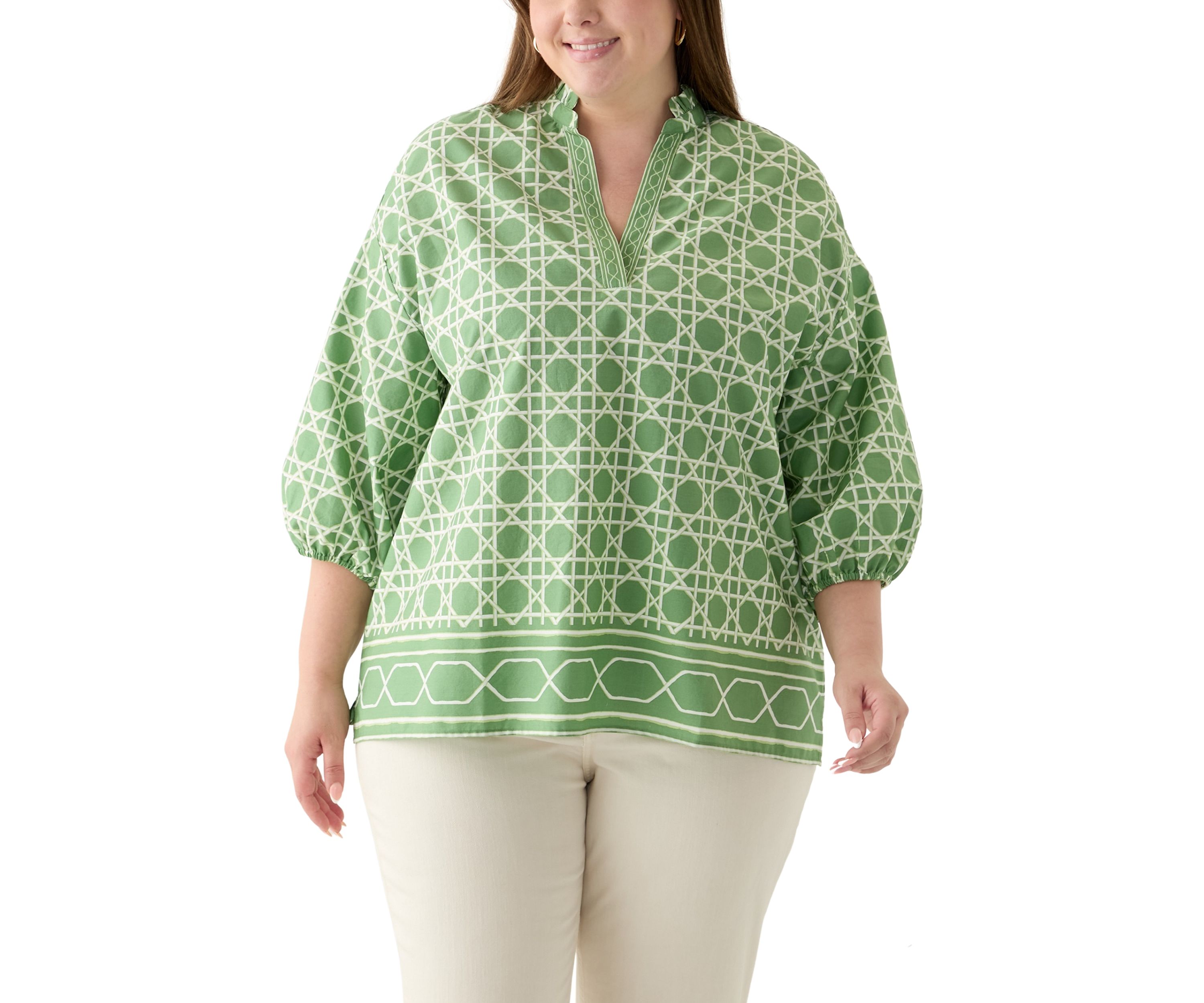 Plus Size 3/4 Sleeve Split Neck Printed Tunic Blouse