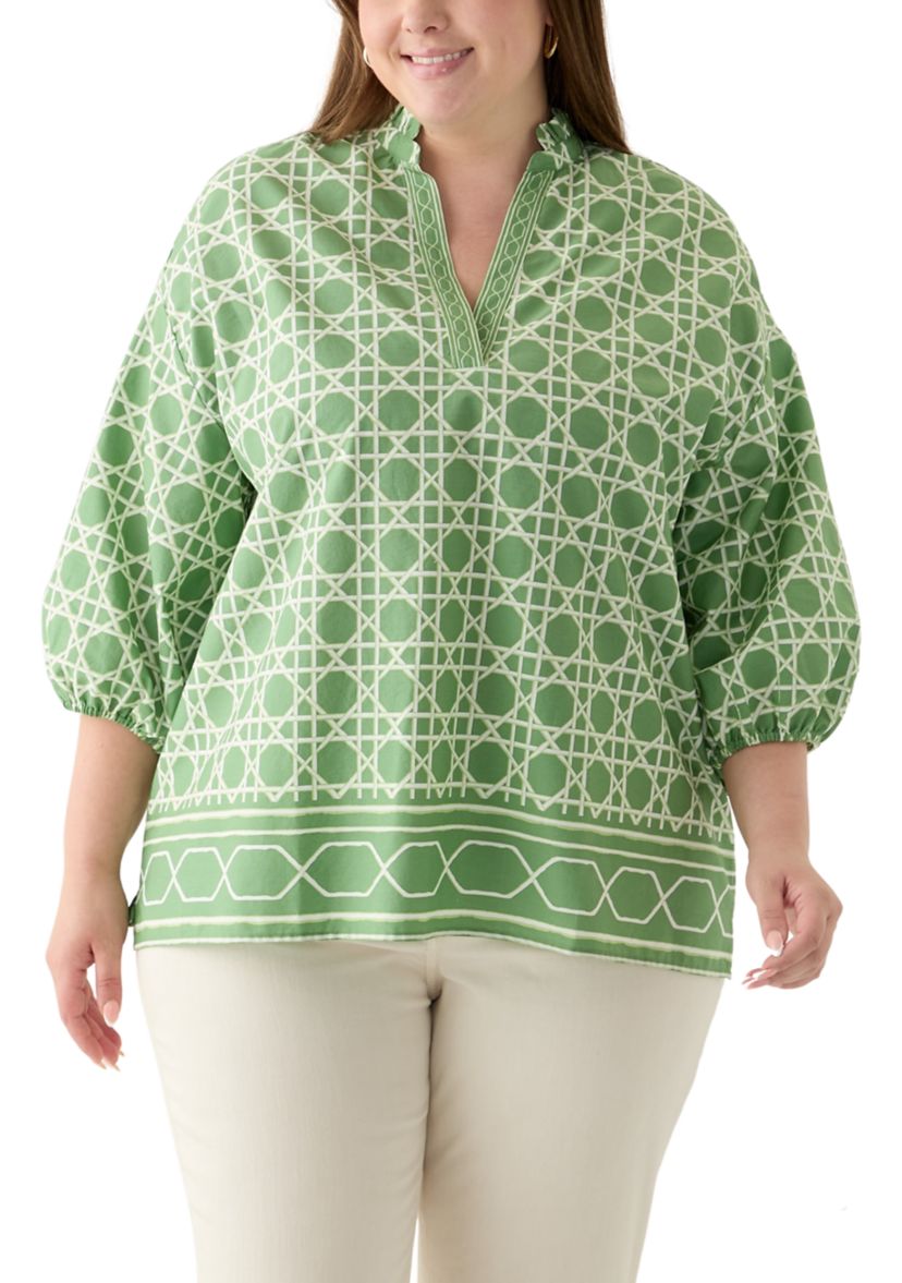Plus Size 3/4 Sleeve Split Neck Printed Tunic Blouse