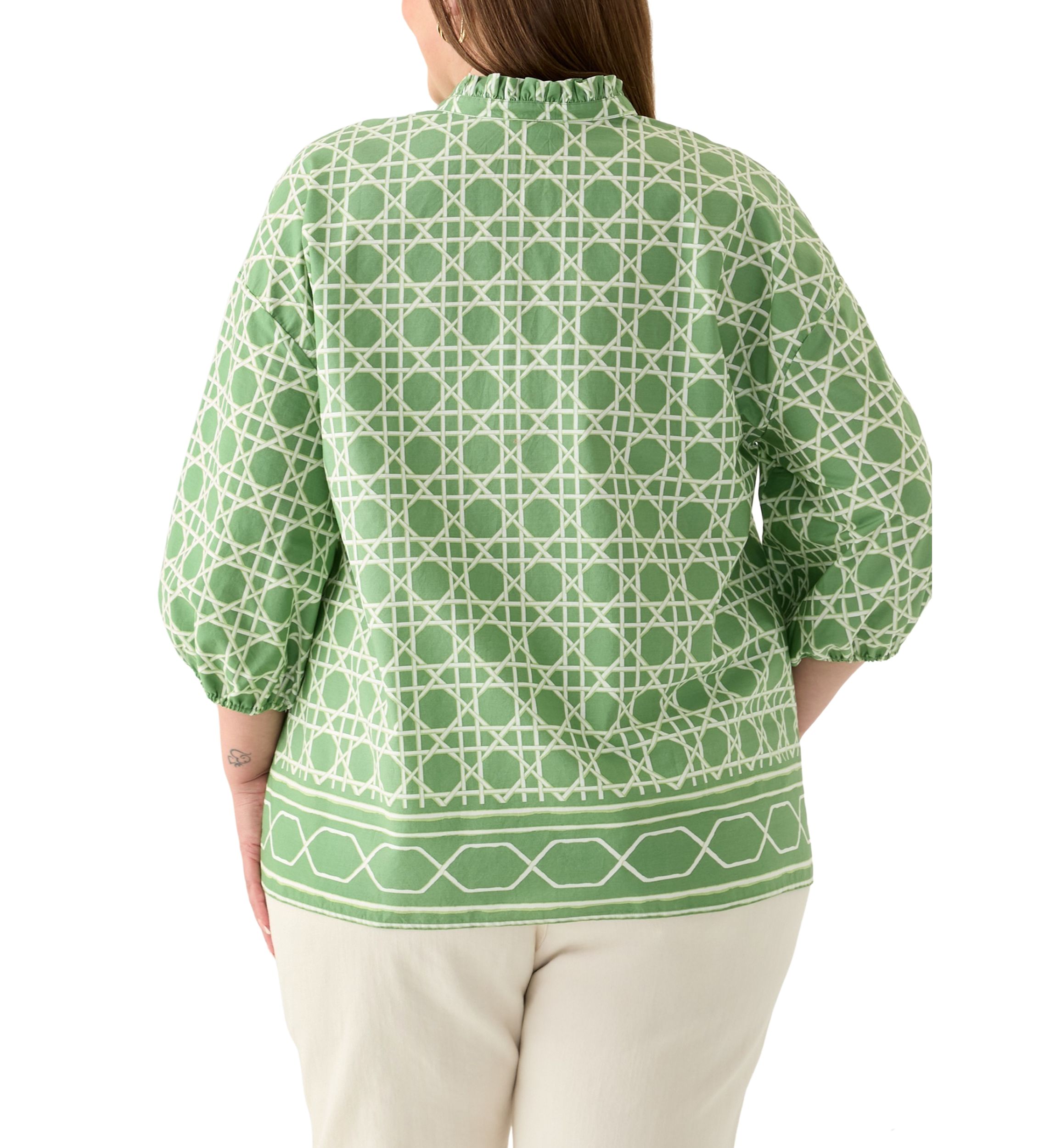 Plus Size 3/4 Sleeve Split Neck Printed Tunic Blouse