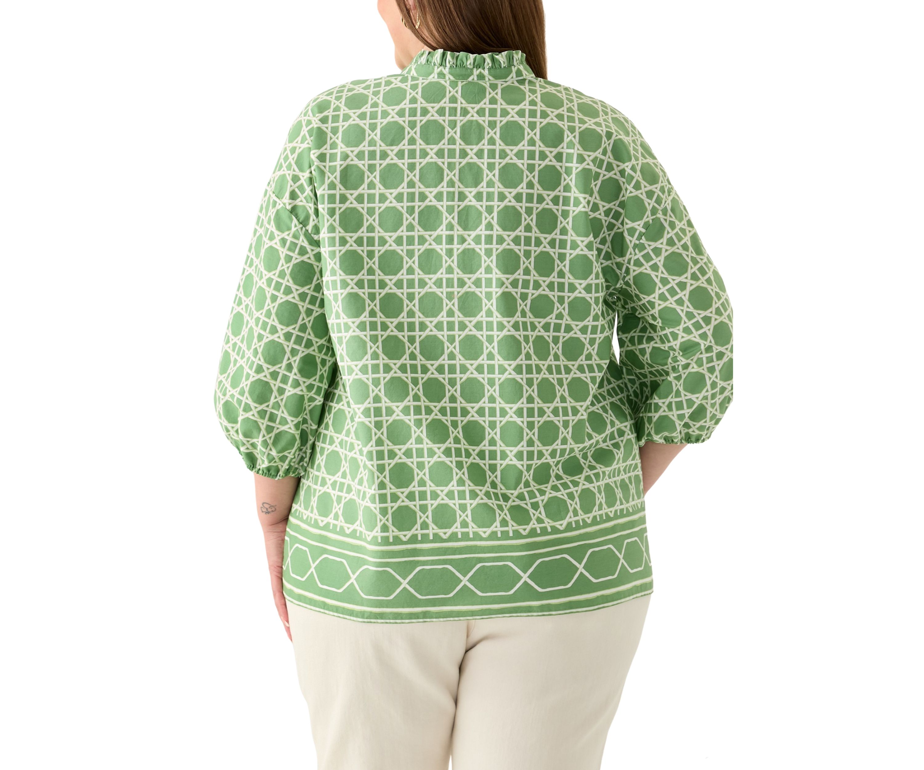 Plus Size 3/4 Sleeve Split Neck Printed Tunic Blouse