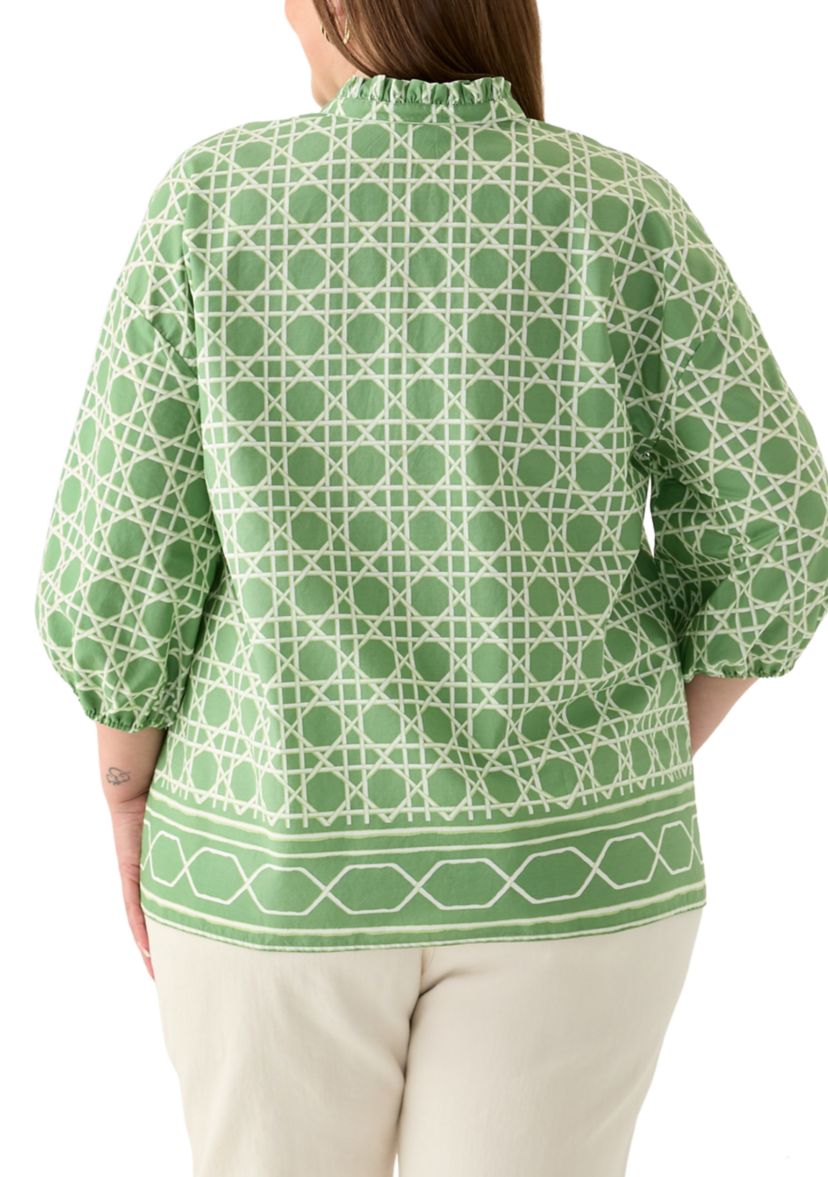 Plus Size 3/4 Sleeve Split Neck Printed Tunic Blouse