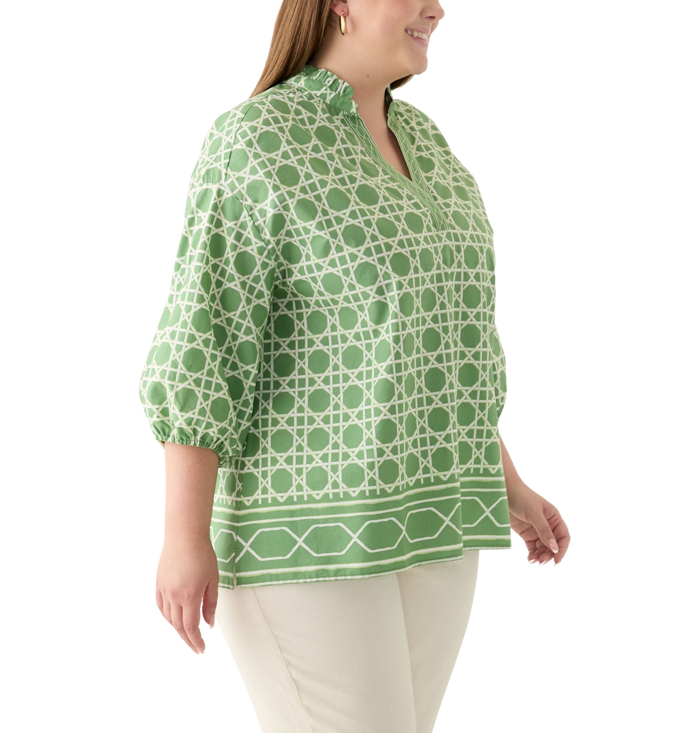 Plus Size 3/4 Sleeve Split Neck Printed Tunic Blouse