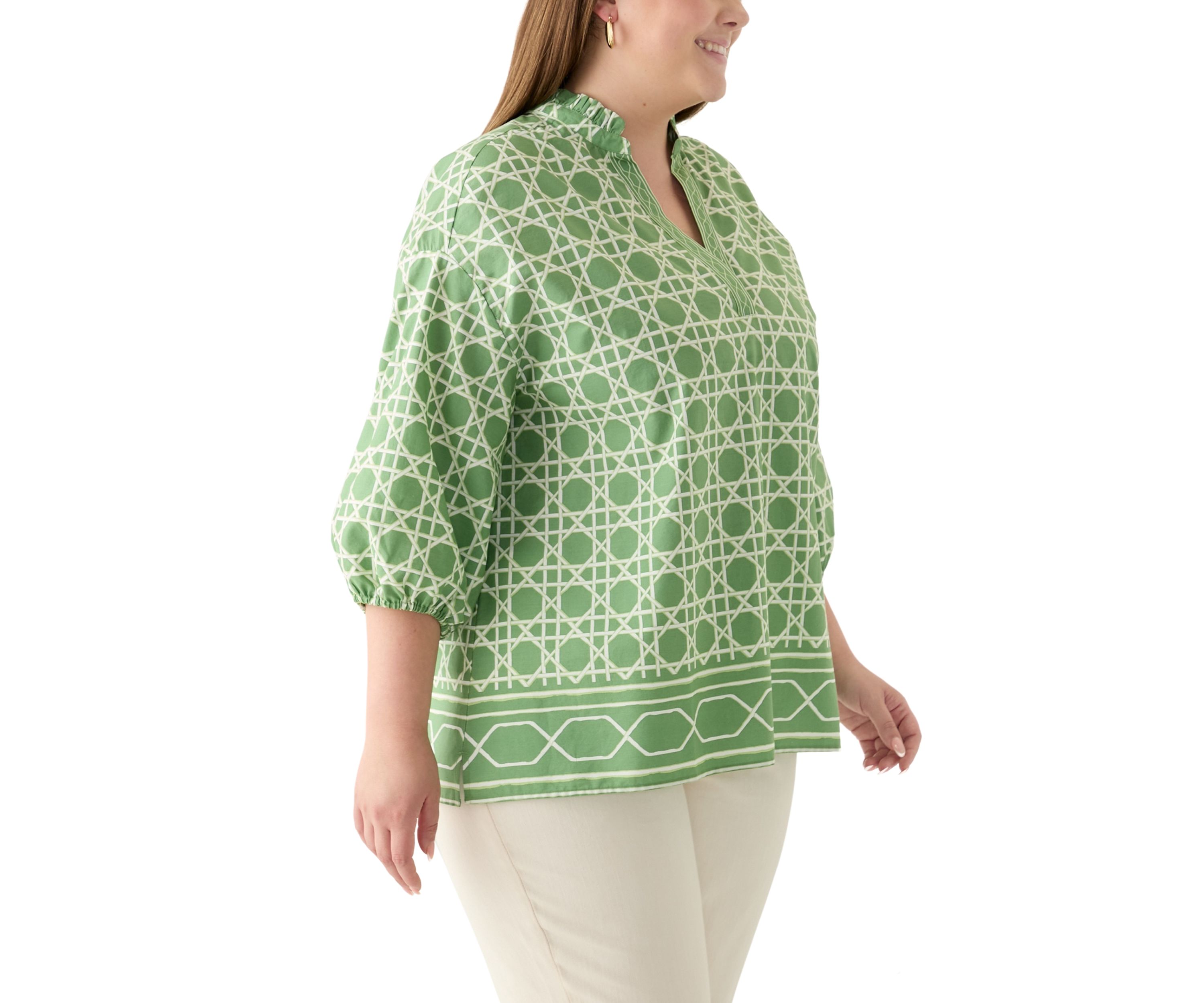 Plus Size 3/4 Sleeve Split Neck Printed Tunic Blouse