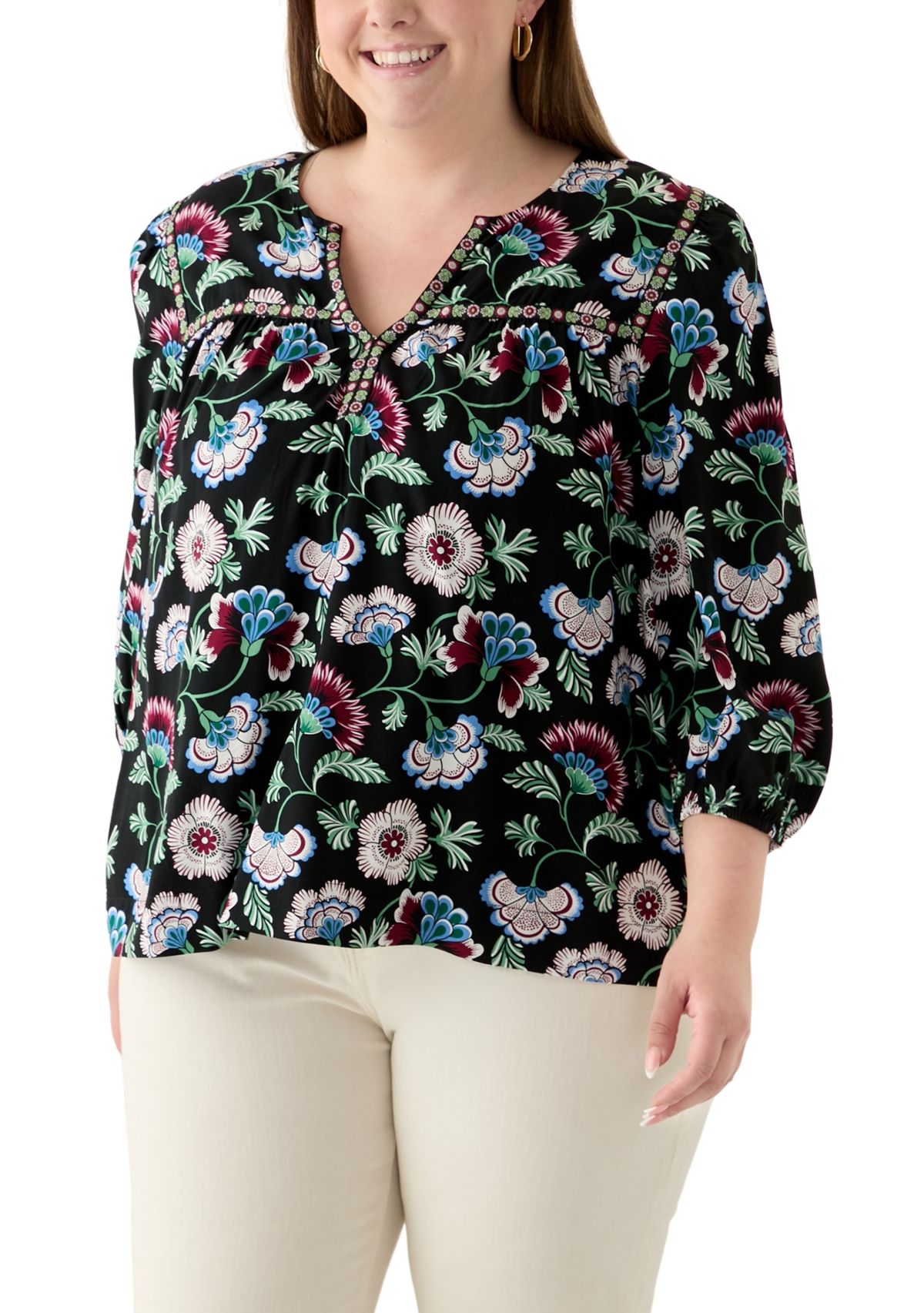Plus Size 3/4 Sleeve Split Neck Top