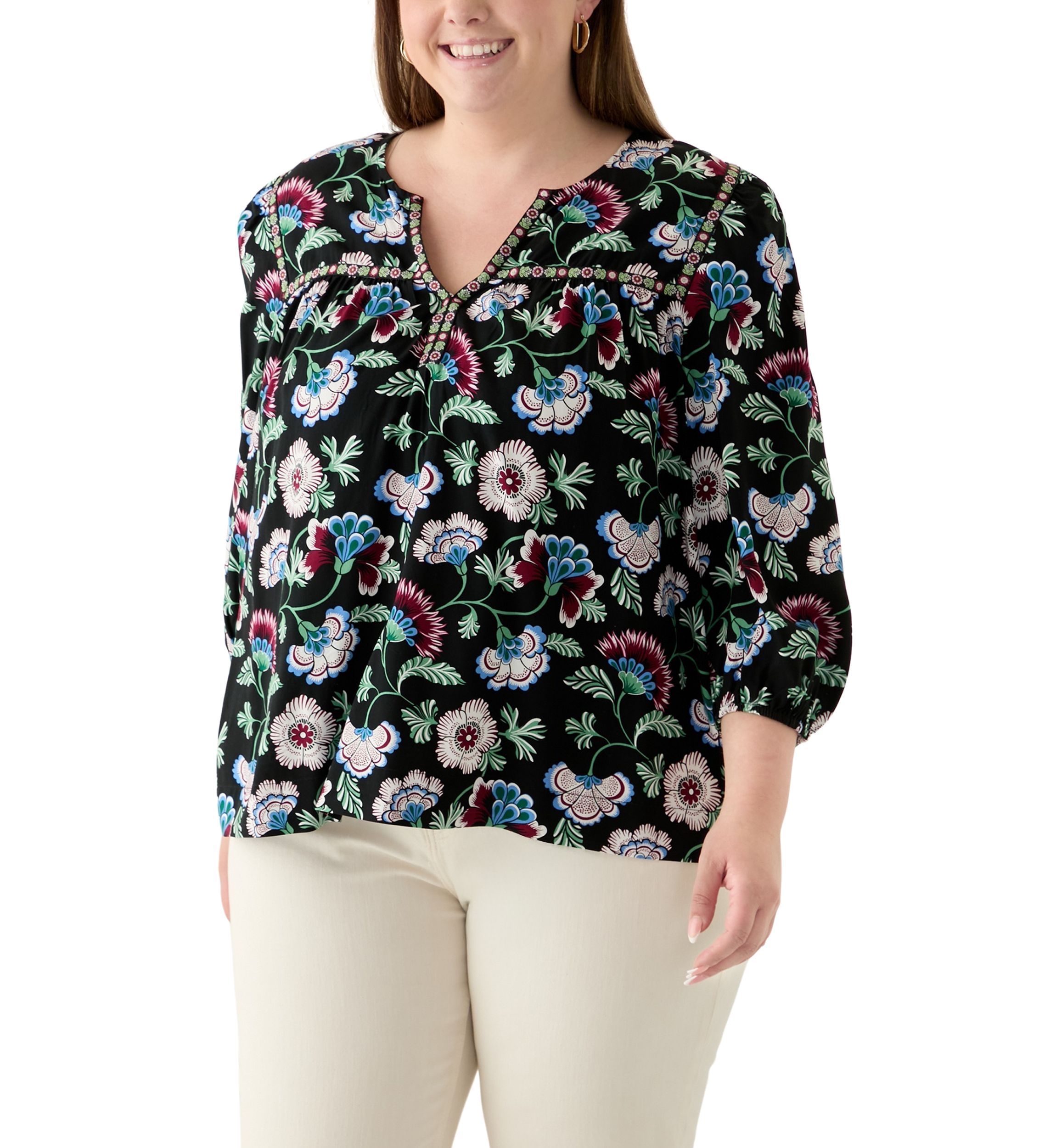 Plus Size 3/4 Sleeve Split Neck Top