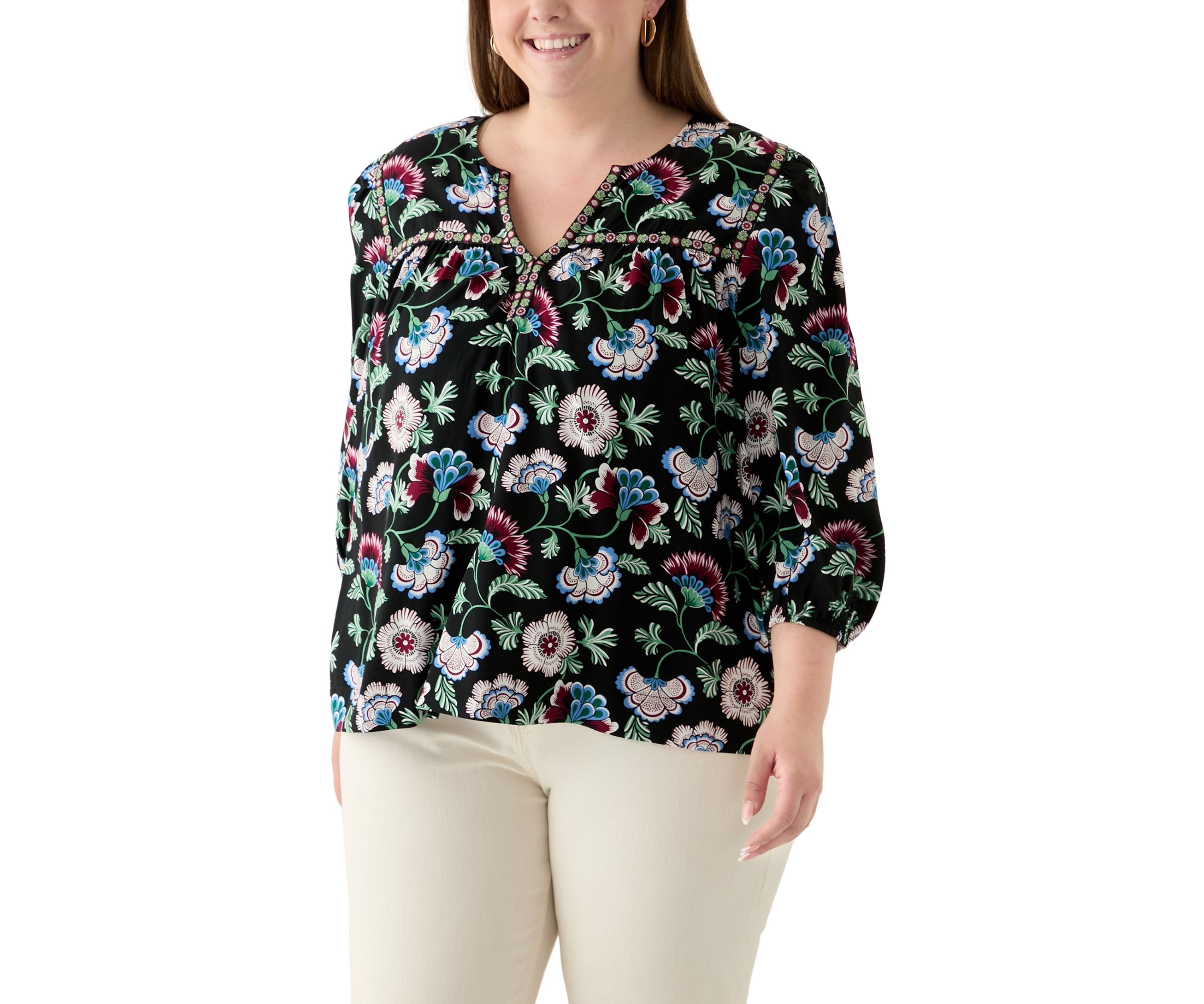 Plus Size 3/4 Sleeve Split Neck Top