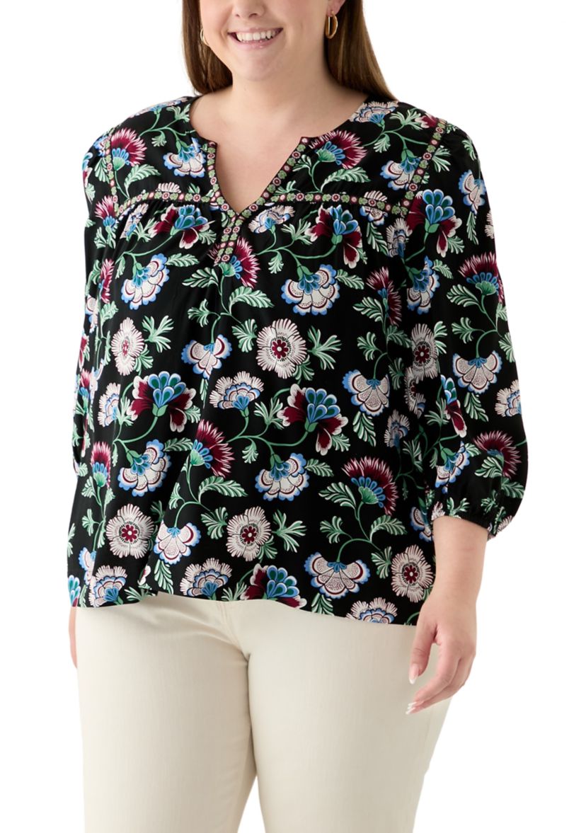 Plus Size 3/4 Sleeve Split Neck Top