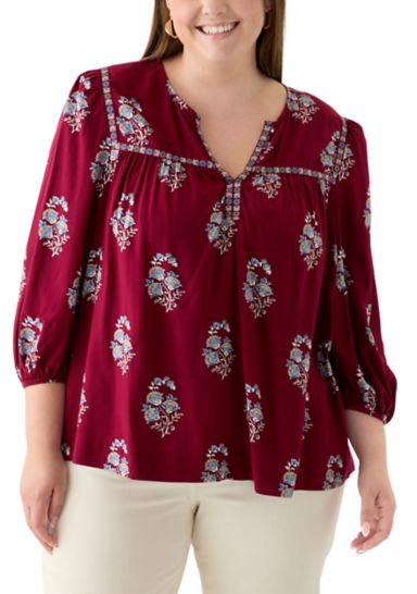 Plus Size 3/4 Sleeve Split Neck Top