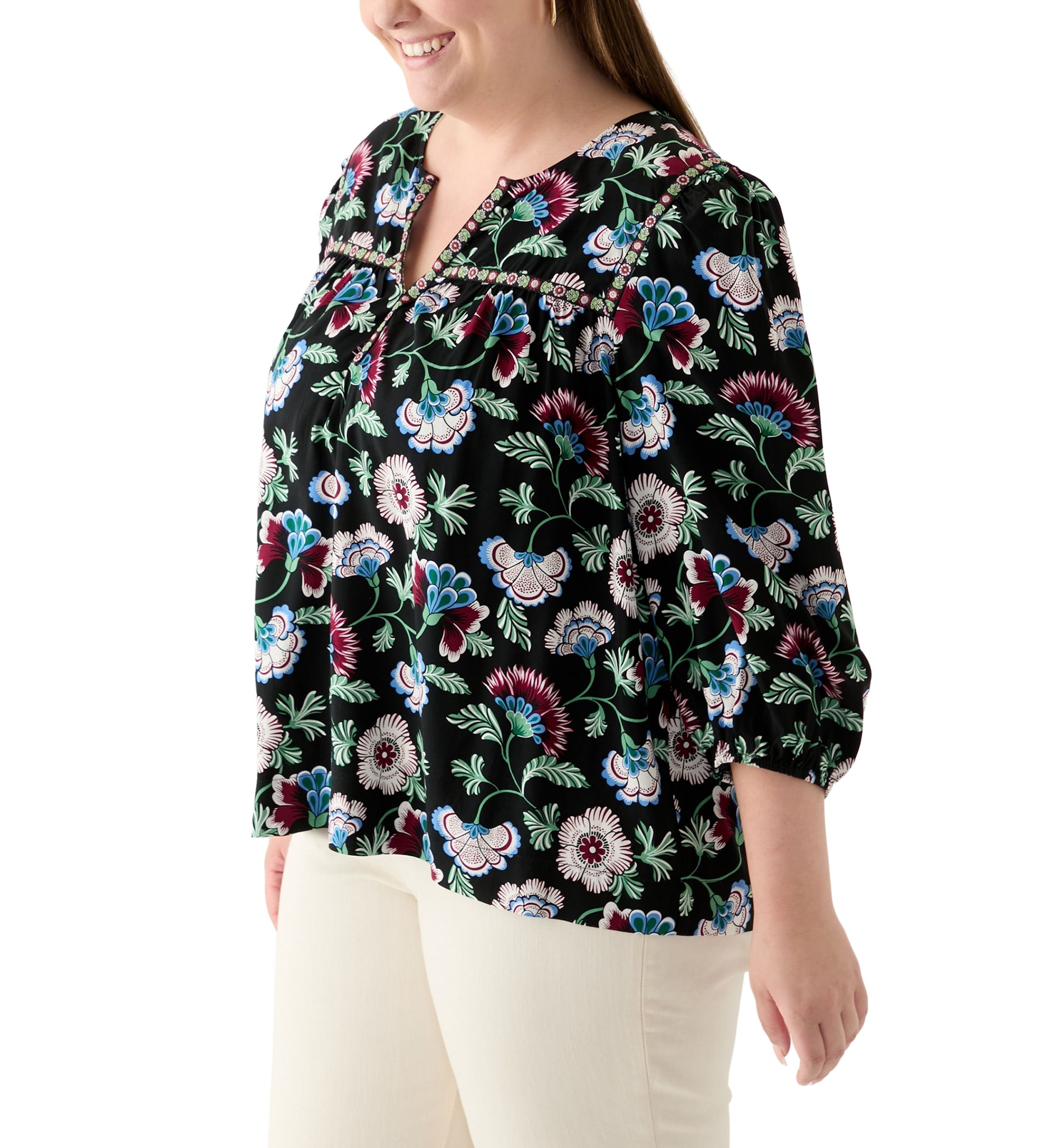 Plus Size 3/4 Sleeve Split Neck Top