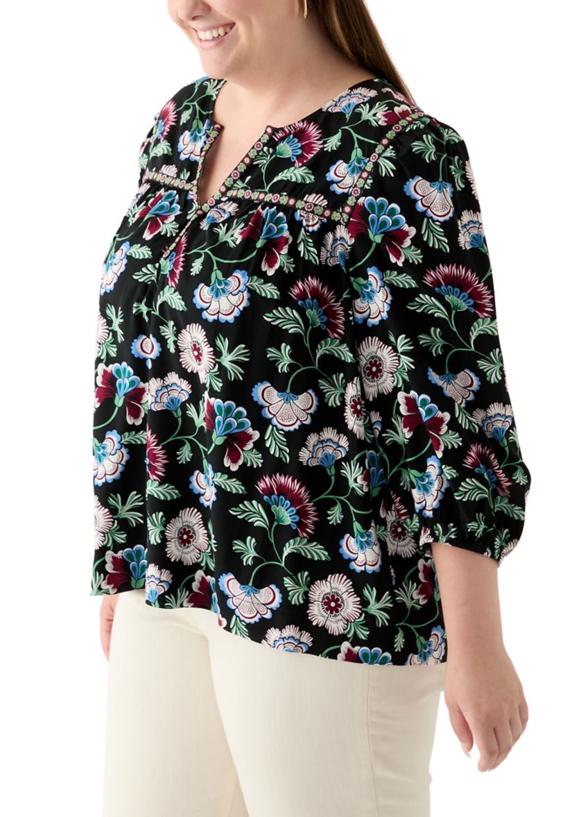 Plus Size 3/4 Sleeve Split Neck Top