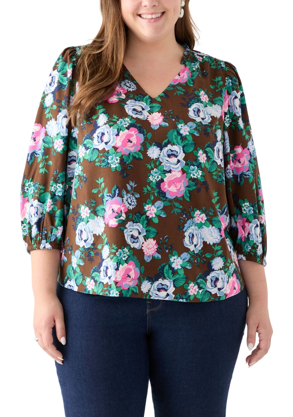 Plus Size 3/4 Puff Sleeve Printed Shirred Shoulder Peasant Top 