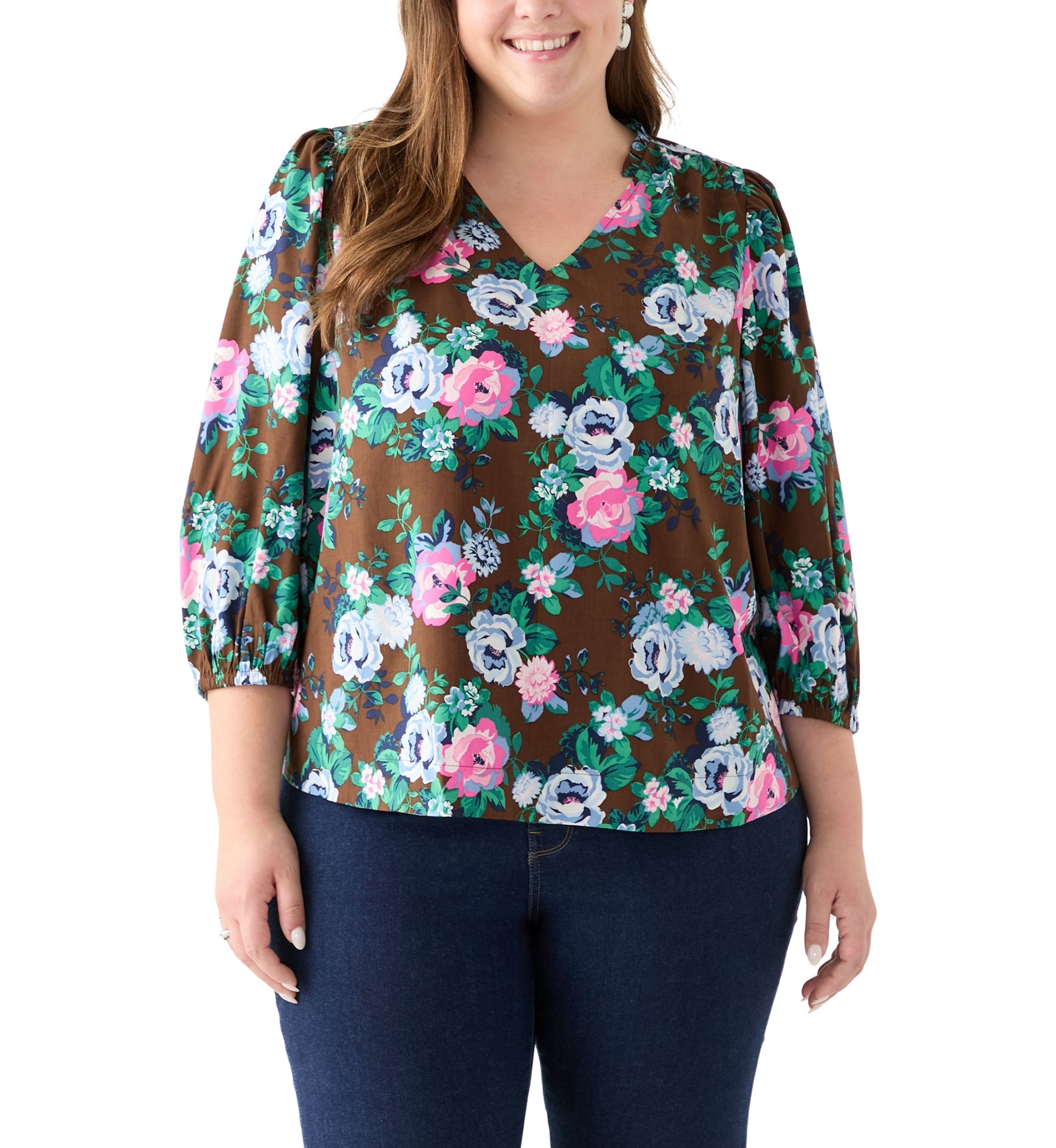 Plus Size 3/4 Puff Sleeve Printed Shirred Shoulder Peasant Top 