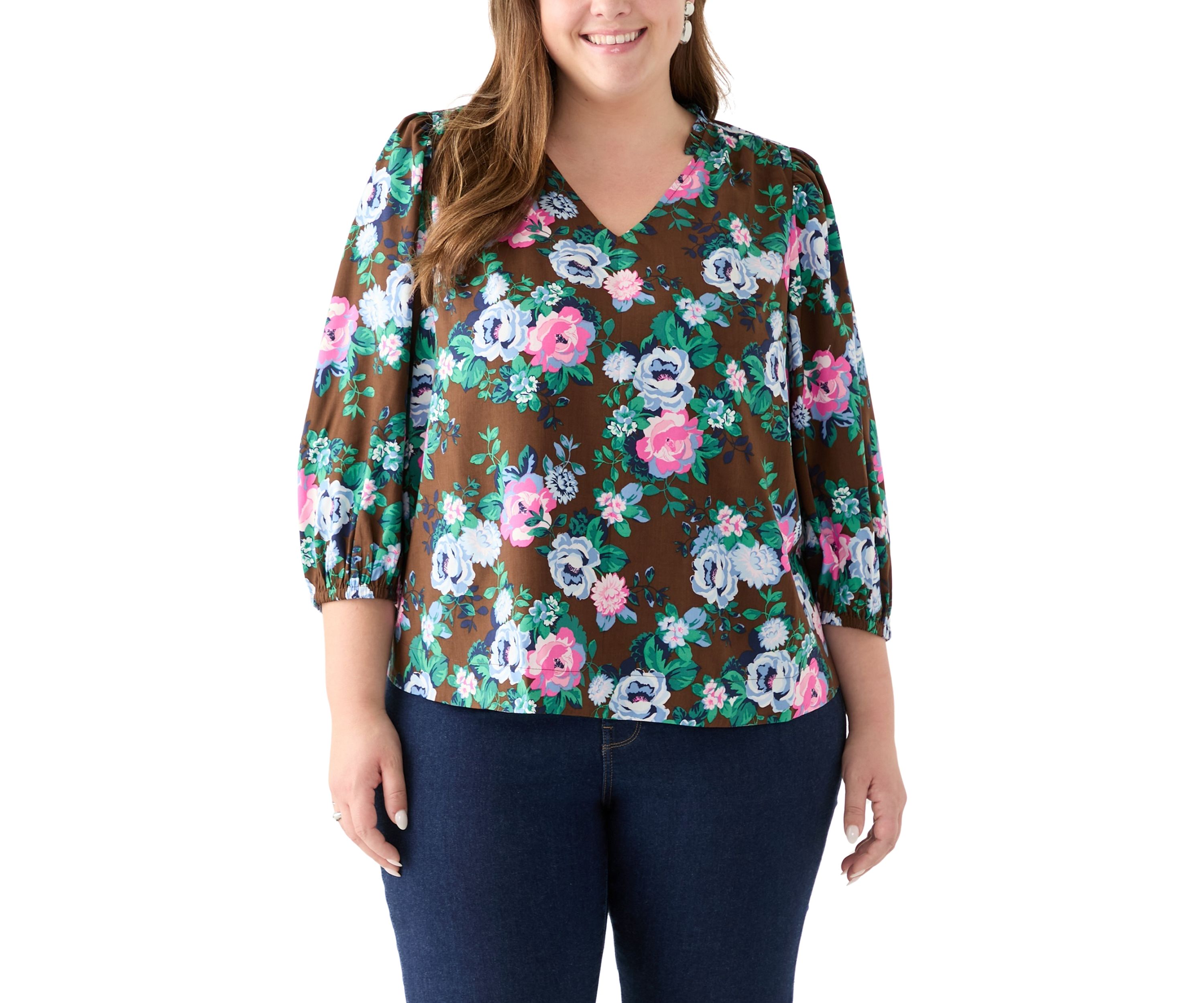 Plus Size 3/4 Puff Sleeve Printed Shirred Shoulder Peasant Top 