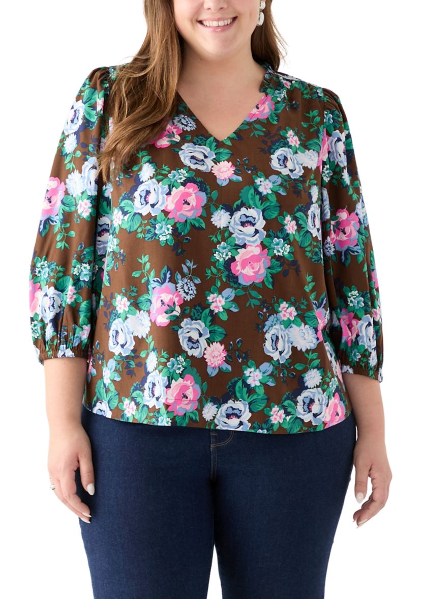 Plus Size 3/4 Puff Sleeve Printed Shirred Shoulder Peasant Top 