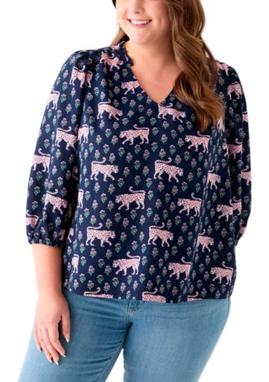 Plus Size 3/4 Puff Sleeve Printed Shirred Shoulder Peasant Top 