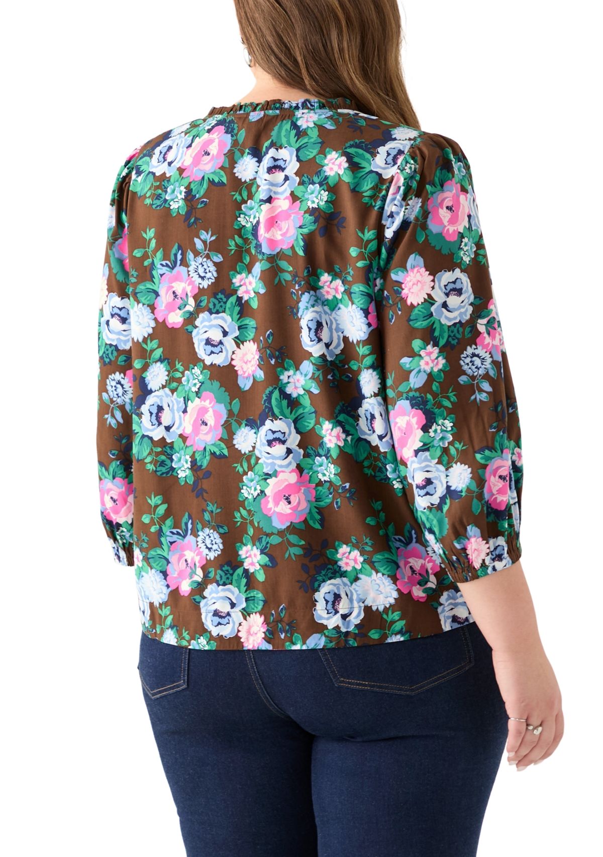 Plus Size 3/4 Puff Sleeve Printed Shirred Shoulder Peasant Top 