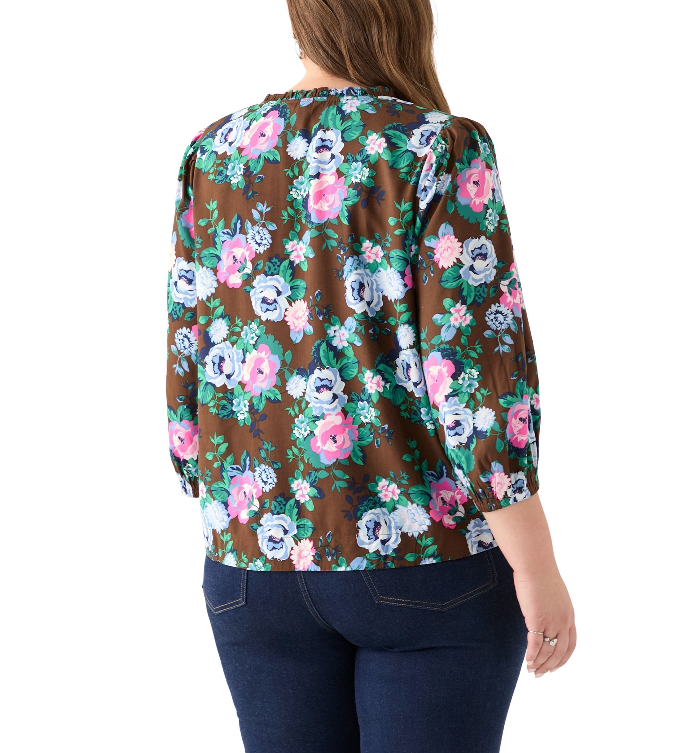Plus Size 3/4 Puff Sleeve Printed Shirred Shoulder Peasant Top 