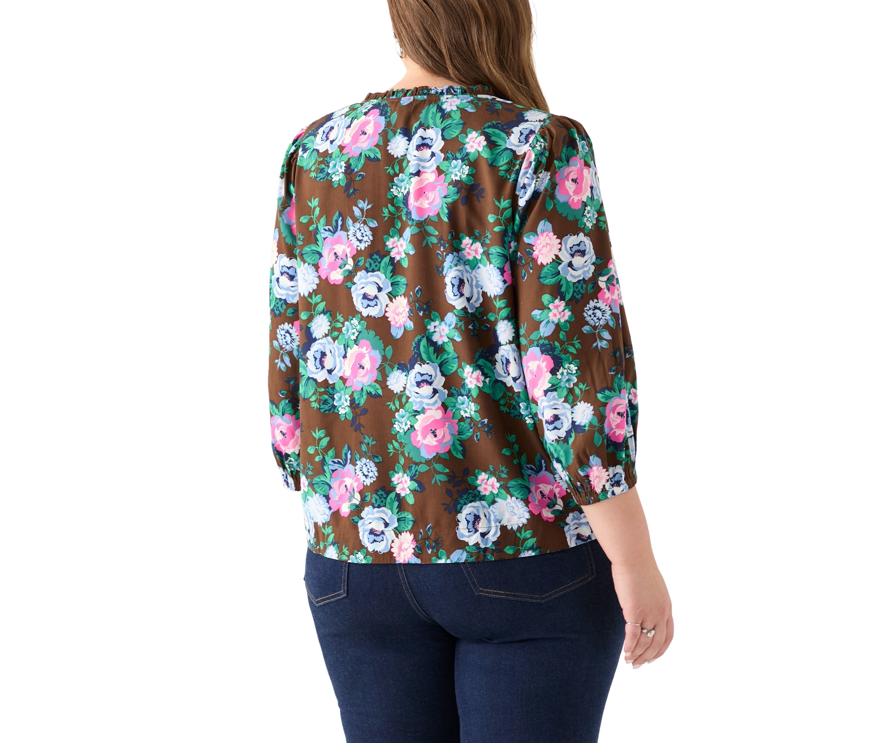 Plus Size 3/4 Puff Sleeve Printed Shirred Shoulder Peasant Top 